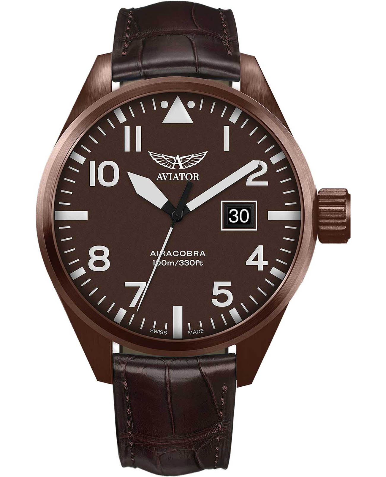 Aviator Aviator Airacobra P42 V.1.22.8.151.4  V.1.22.8.151.4 кварцевые мужские часы коричневый циферблат, браслет кожаный — вид спереди