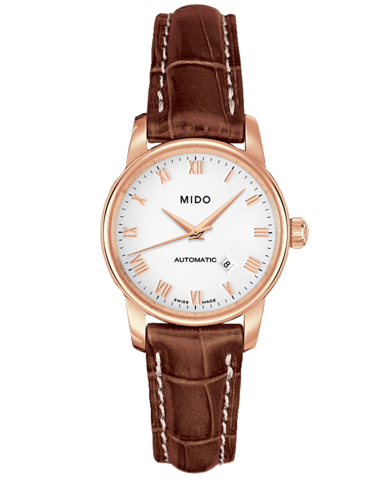 Mido Mido Baroncelli M7600.3.26.8  M76003268 механические женские часы белый циферблат, браслет кожаный — вид спереди
