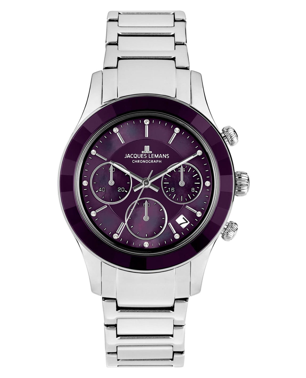 Jacques Lemans Jacques Lemans Venice 1-2151M  1-2151M кварцевые женские часы фиолетовый циферблат, браслет нержавеющая сталь — вид спереди