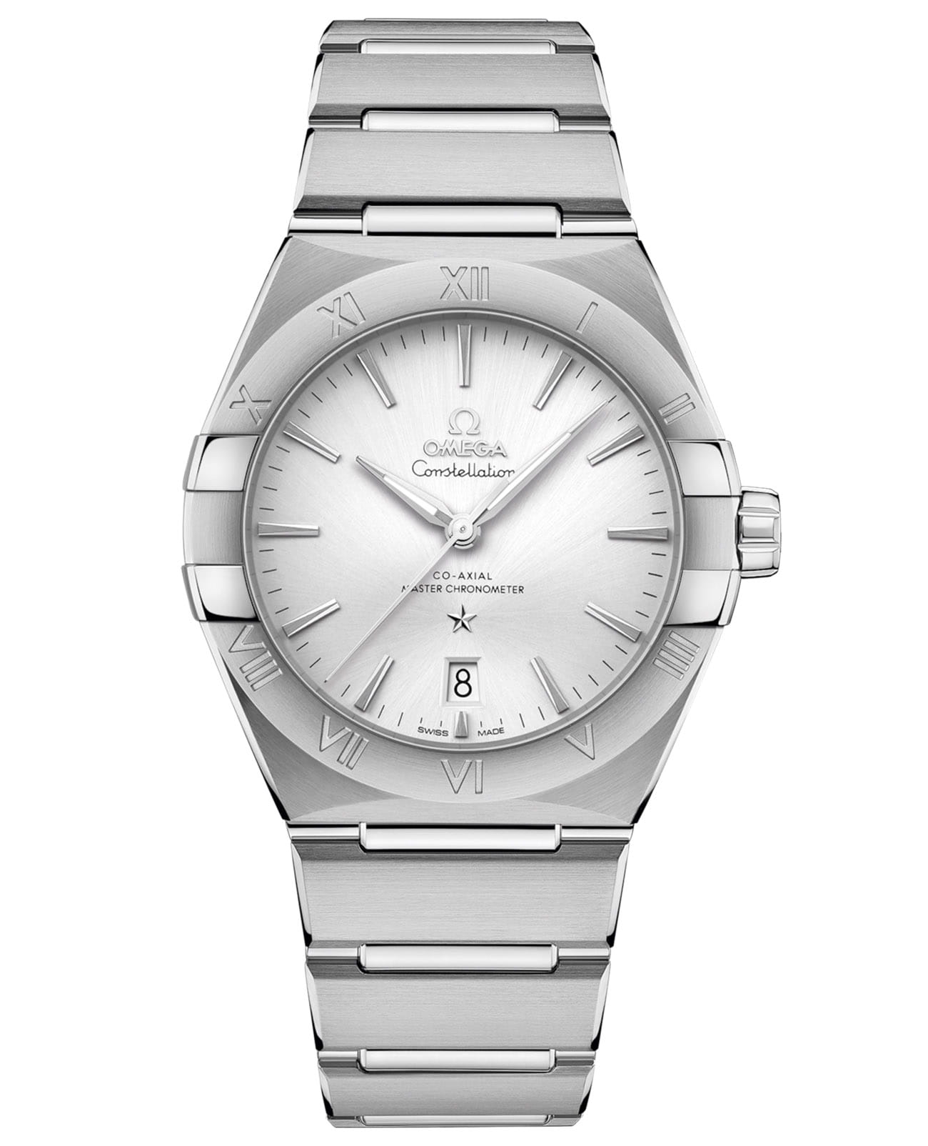 Omega Omega Constellation  131.10.39.20.02.001  13110392002001 механические мужские часы серебристый циферблат, браслет нержавеющая сталь — вид спереди