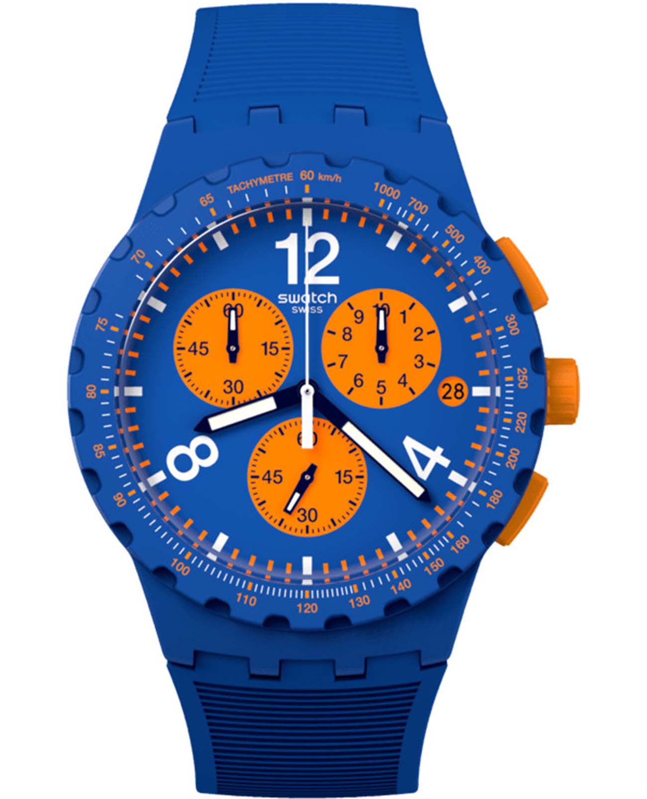 Swatch Swatch Chrono 42 Standard SUSN419  SUSN419 кварцевые мужские часы синий циферблат, браслет силикон — вид спереди