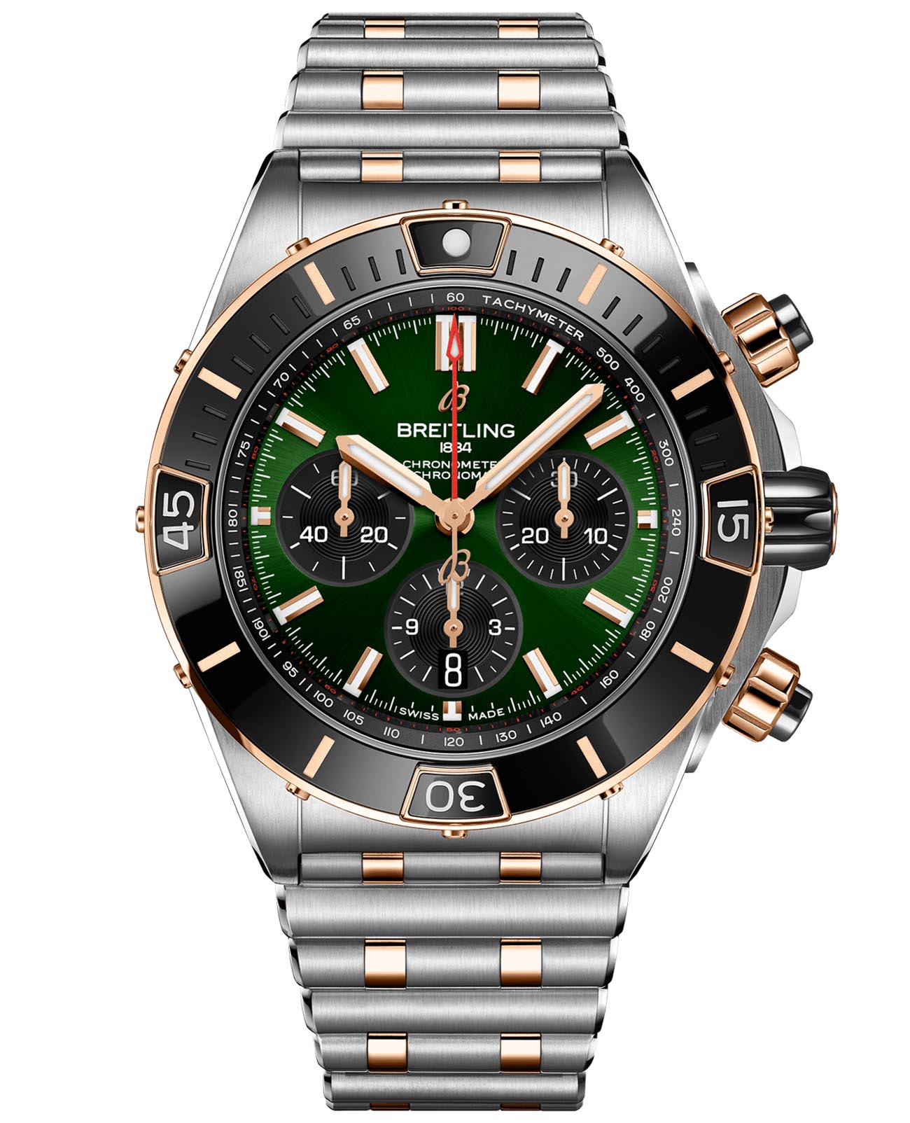 Breitling Breitling Super Chronomat B01 44 UB0136251L1U1  UB0136251L1U1 механические мужские часы зеленый циферблат, браслет нержавеющая сталь + золото 18к — вид спереди