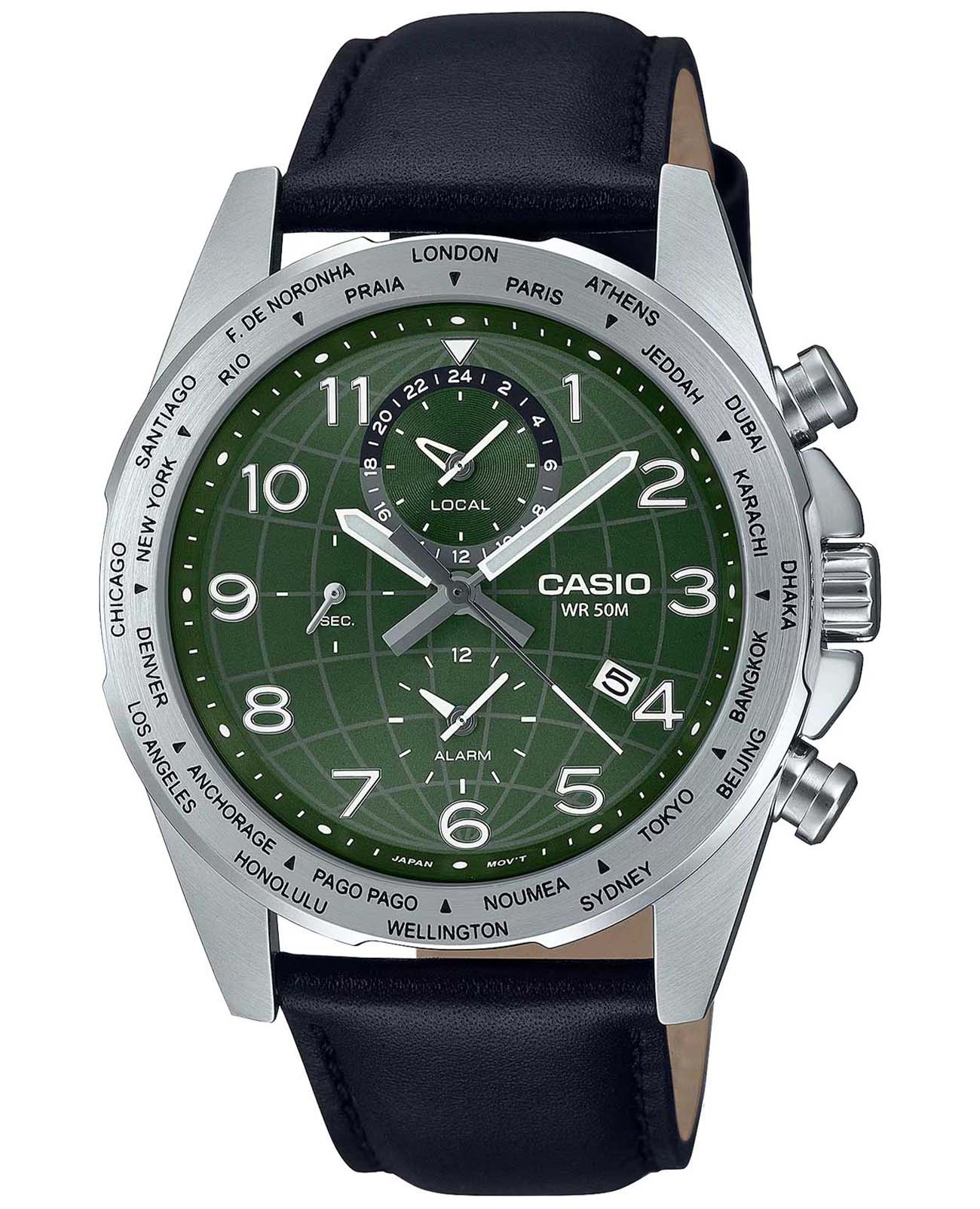 Casio Casio Collection MTP-W500L-3A  MTP-W500L-3A кварцевые мужские часы зеленый циферблат, браслет кожаный — вид спереди