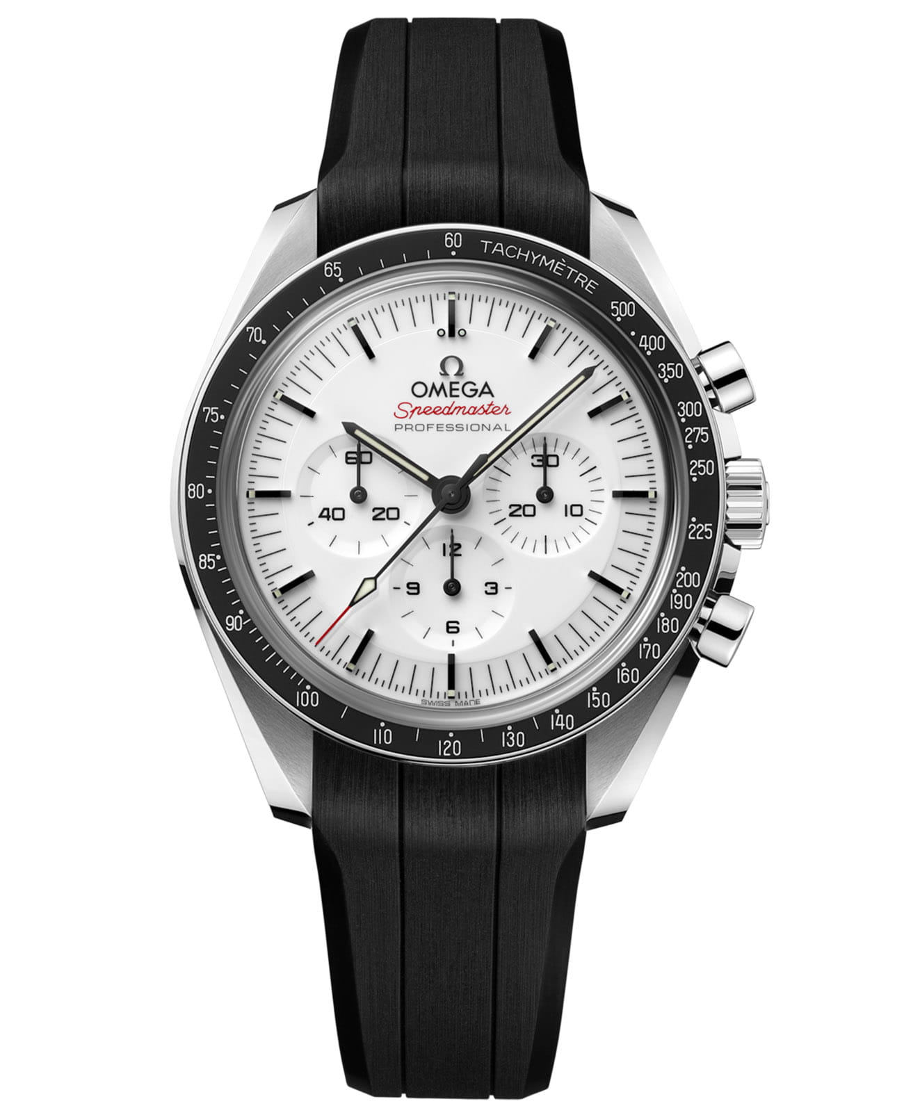 Omega Omega Speedmaster Moonwatch Professional 310.32.42.50.04.001 Moonwatch Professional 31032425004001 механические мужские часы белый циферблат, браслет каучук — вид спереди