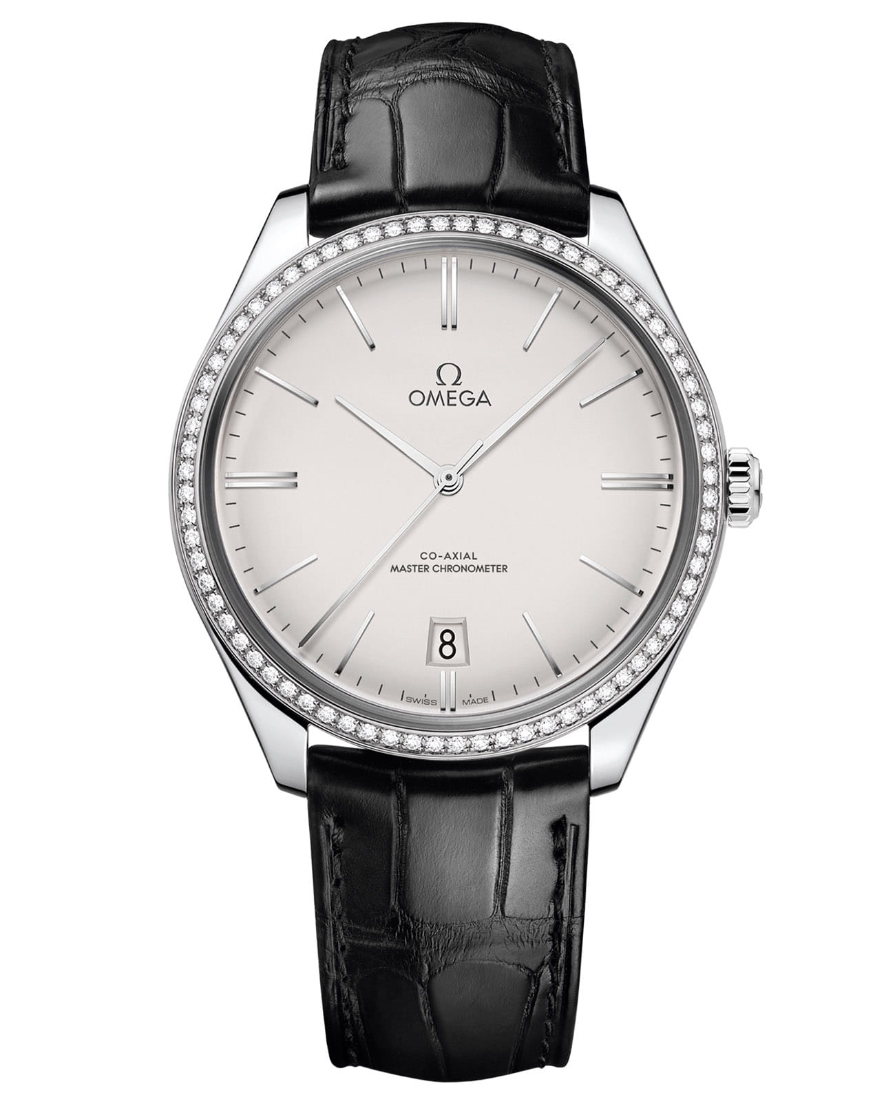 Omega Omega De Ville Tresor 435.18.40.21.02.001  43518402102001 механические мужские часы серебристый циферблат, браслет кожаный — вид спереди