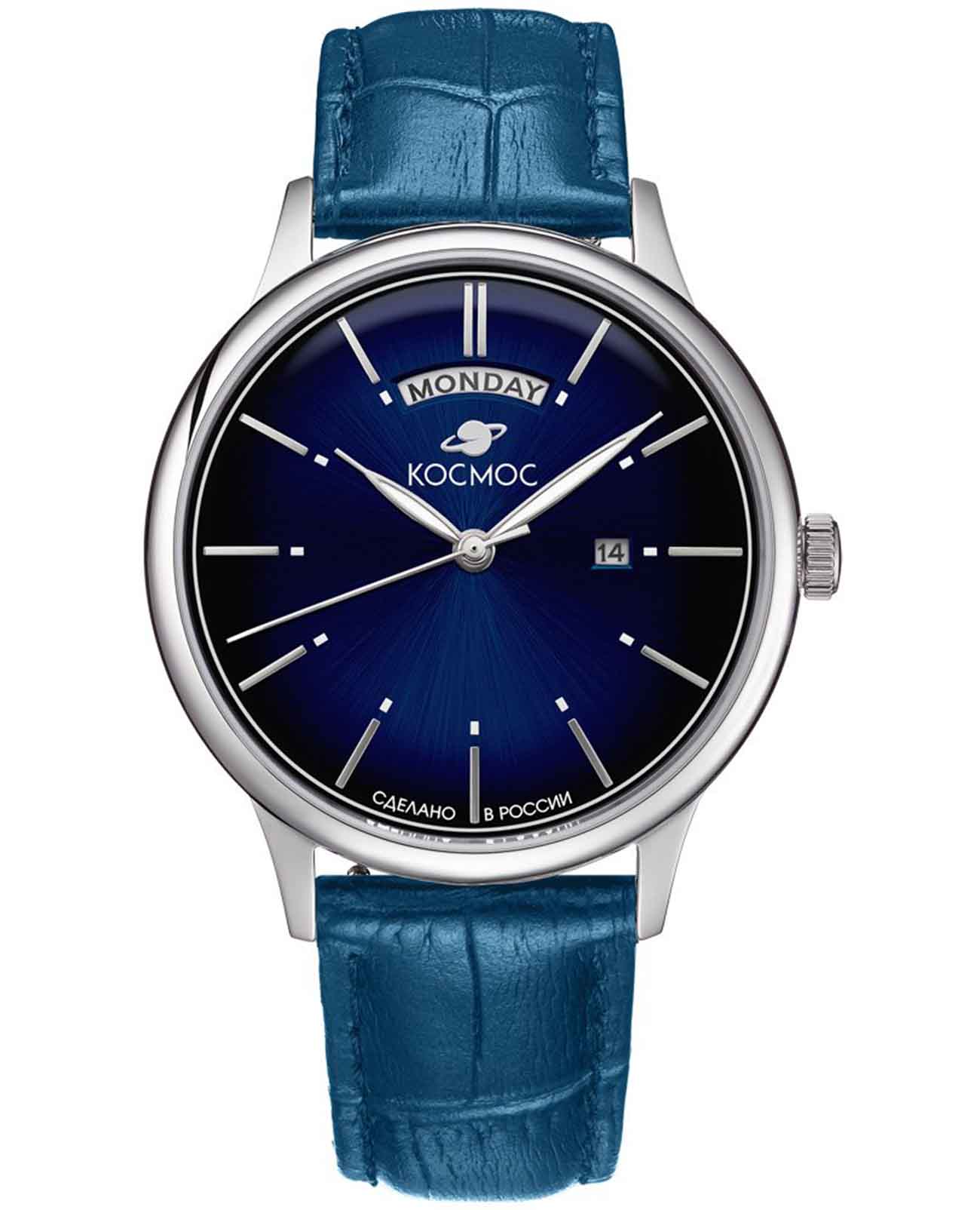 Космос Космос Орион K 011.16.36  K 011.12.36 кварцевые мужские часы синий циферблат, браслет кожаный — вид спереди