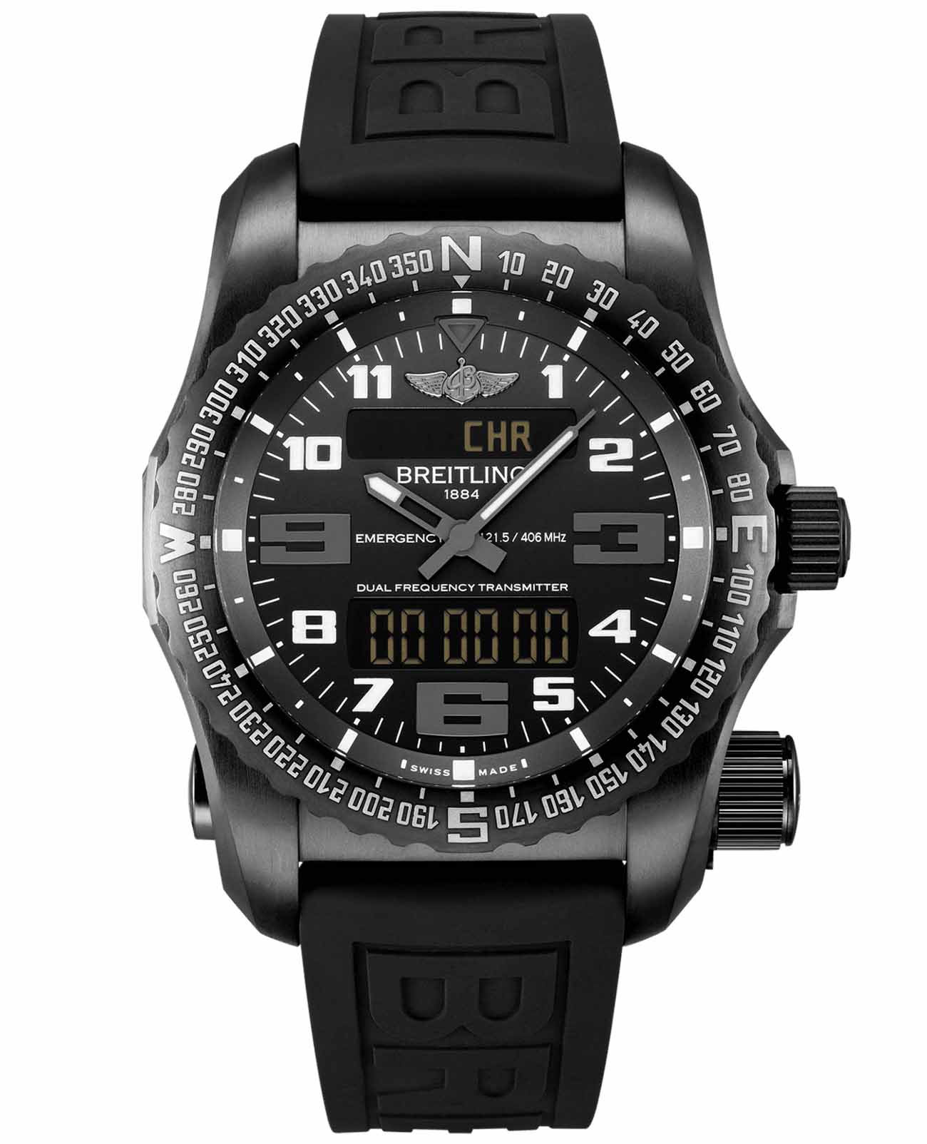 Breitling Breitling Emergency V76325221B1S1  V76325221B1S1 кварцевые мужские часы черный циферблат, браслет каучук — вид спереди