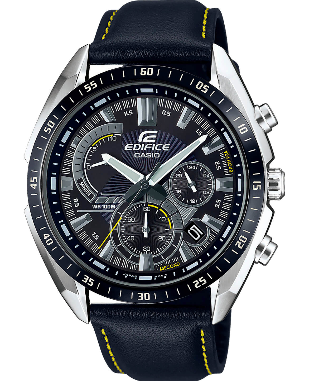 Casio Casio Edifice EFR-570BL-1A EFR EFR-570BL-1A кварцевые мужские часы черный циферблат, браслет кожаный — вид спереди