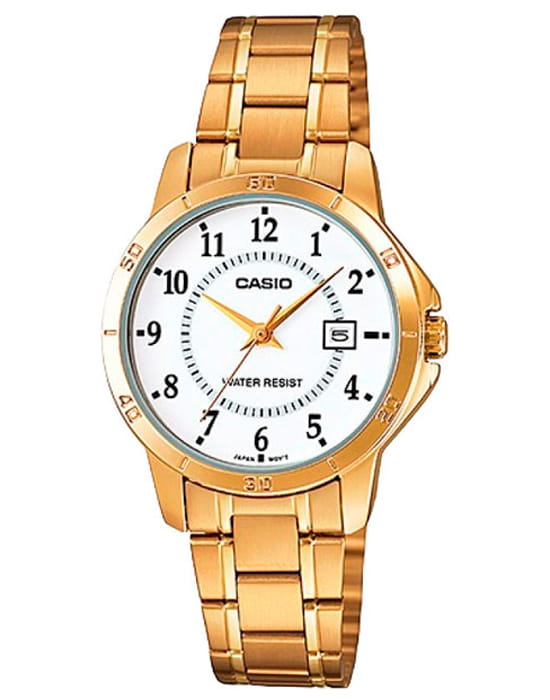 Casio Casio Collection LTP-V004G-7B  LTP-V004G-7B кварцевые женские часы белый циферблат, браслет нержавеющая сталь с ip-покрытием — вид спереди