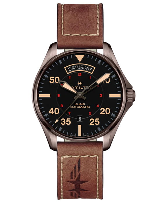 Hamilton Hamilton Khaki Aviation Day Date Auto H64605531  H64605531 механические мужские часы черный циферблат, браслет кожаный — вид спереди