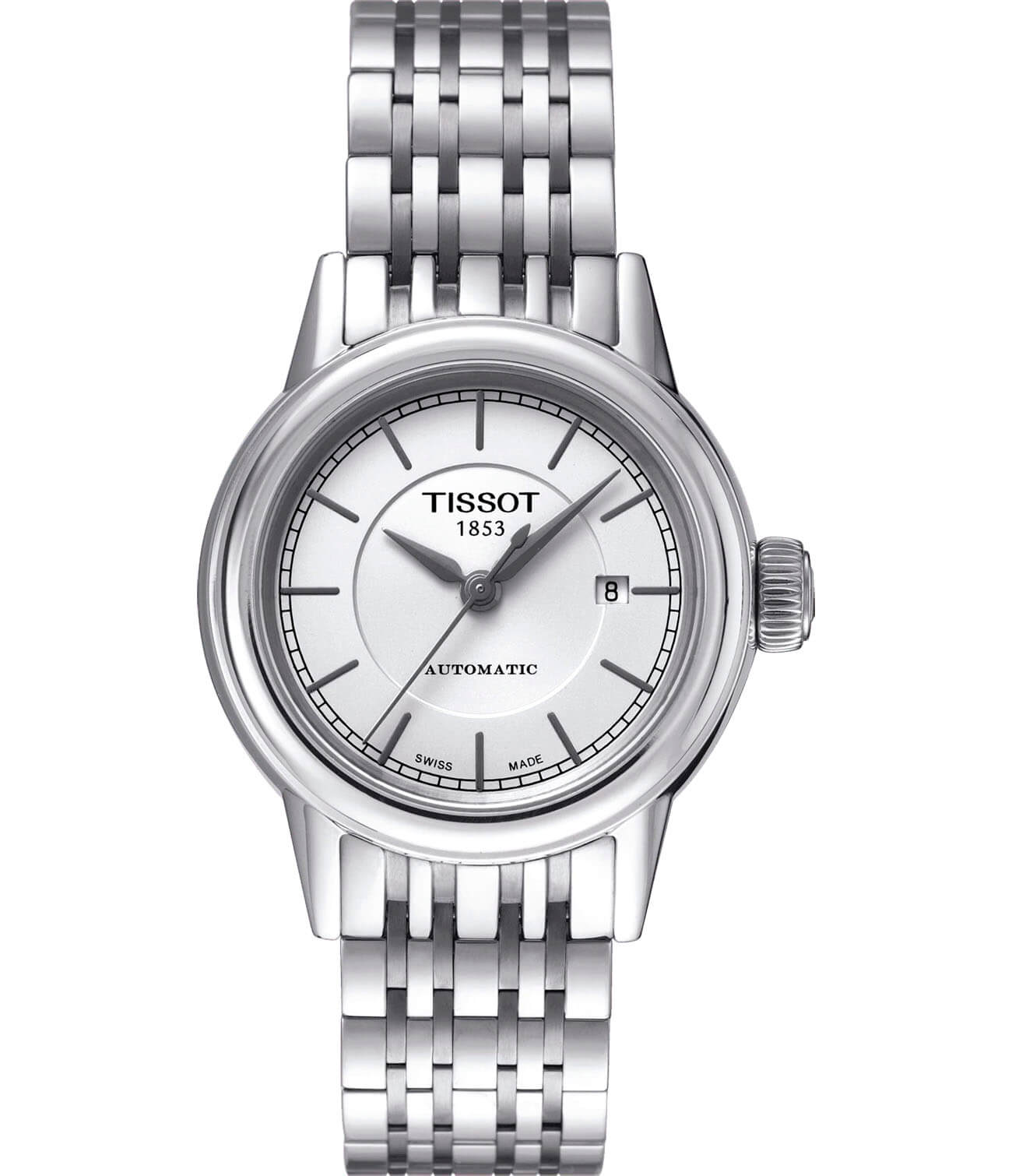 Tissot Tissot Carson Automatic Lady T085.207.11.011.00 Carson T0852071101100 механические женские часы белый циферблат, браслет нержавеющая сталь — вид спереди