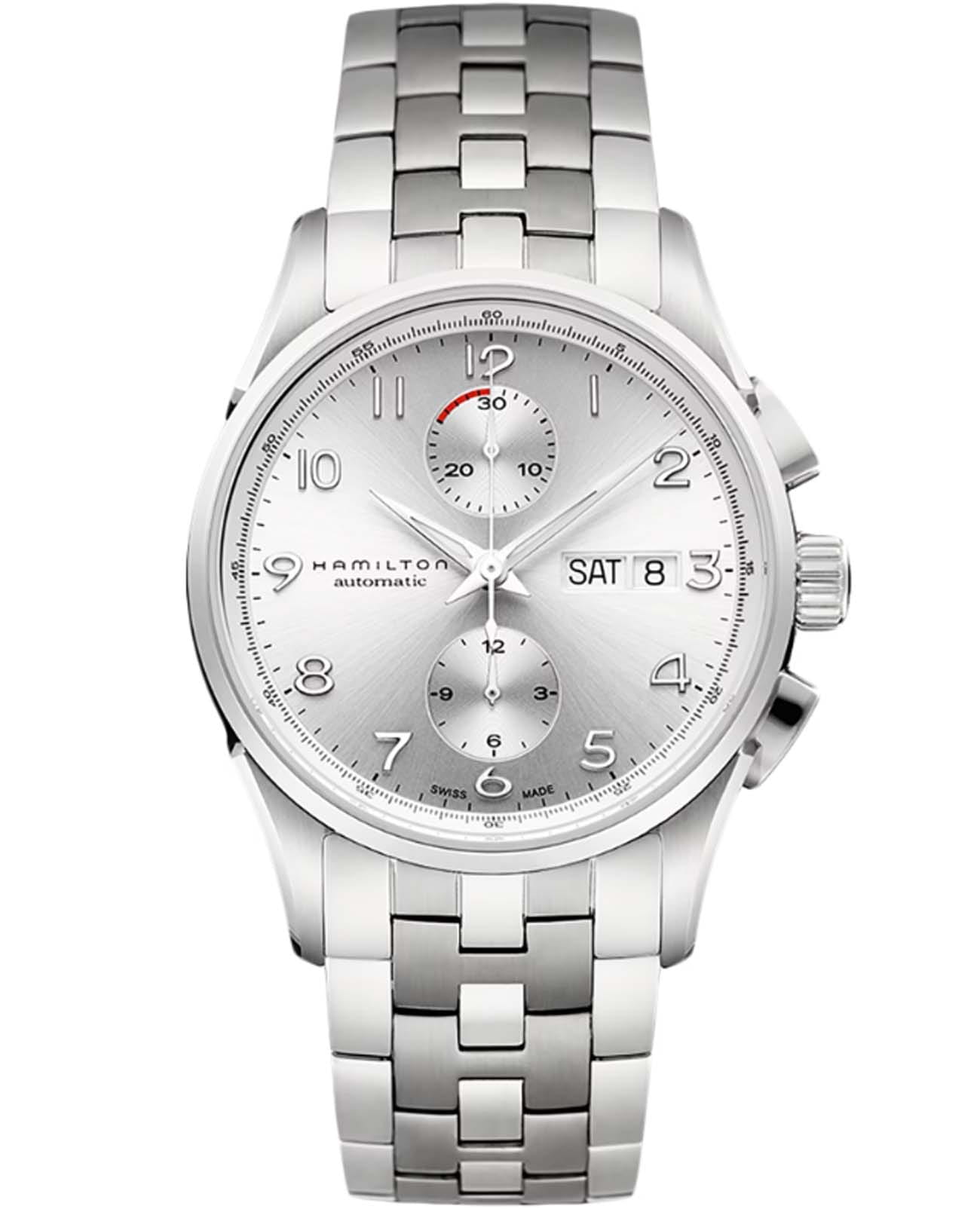 Hamilton Hamilton Jazzmaster Maestro Auto Chrono H32576155  H32576155 механические мужские часы серебристый циферблат, браслет нержавеющая сталь — вид спереди