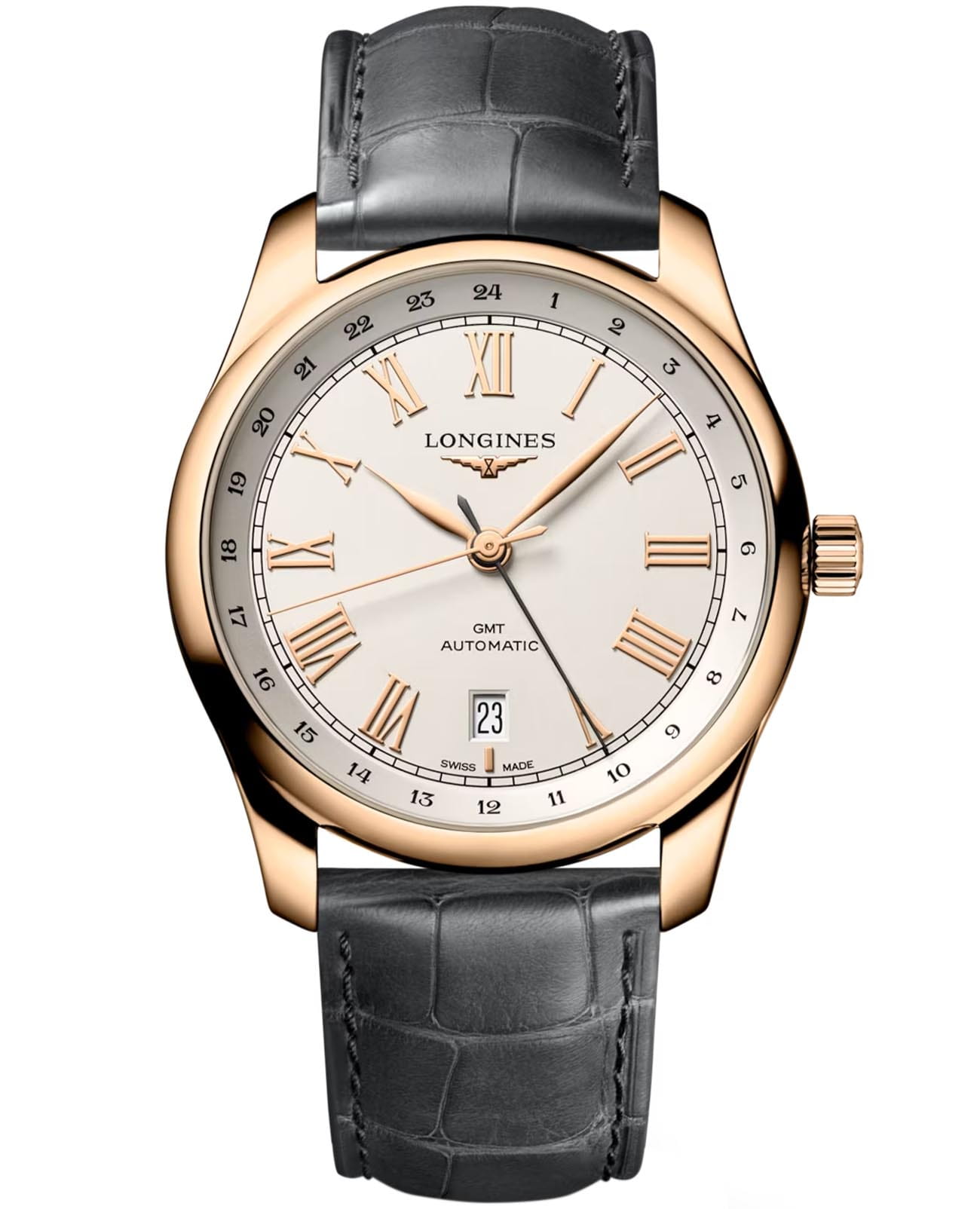 Longines Longines Master Collection GMT L2.844.8.71.2  L28448712 механические мужские часы белый циферблат, браслет кожаный — вид спереди