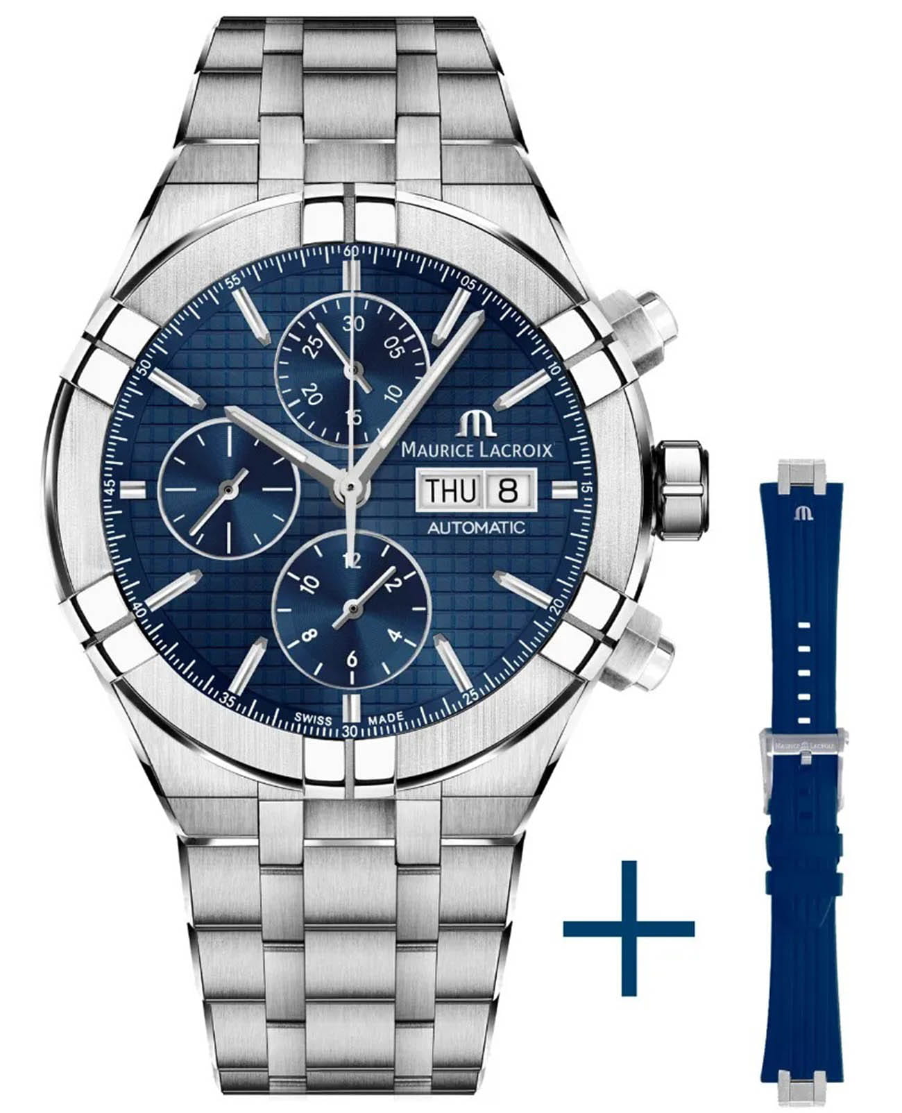 Maurice Lacroix Maurice Lacroix Aikon Automatic Chronograph AI6038-SS00F-430-C  AI6038-SS00F-430-C механические мужские часы синий циферблат, браслет нержавеющая сталь — вид спереди