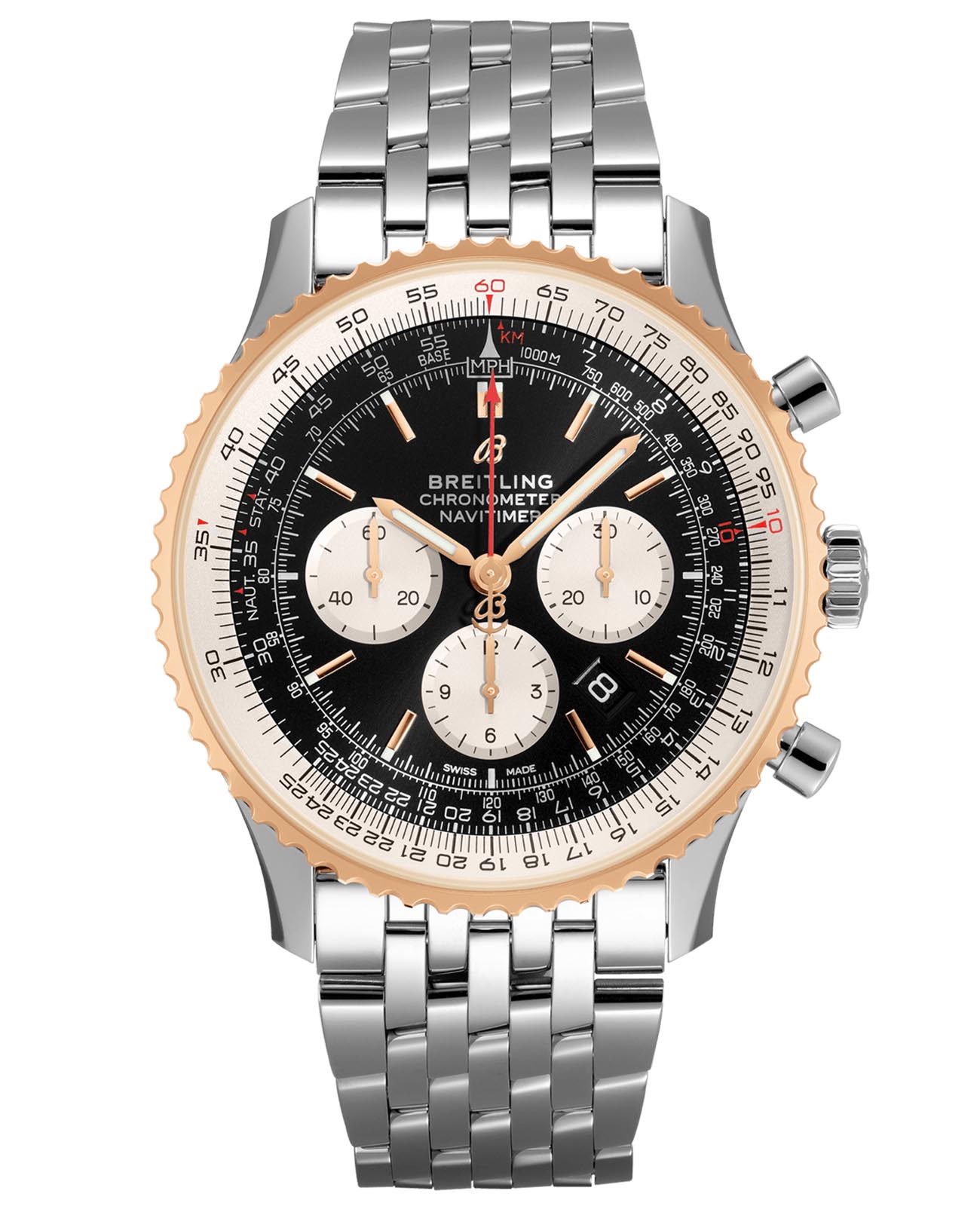 Breitling Breitling Navitimer B01 Chronograph 46 UB0127211B1A1  UB0127211B1A1 механические мужские часы  циферблат, браслет нержавеющая сталь — вид спереди
