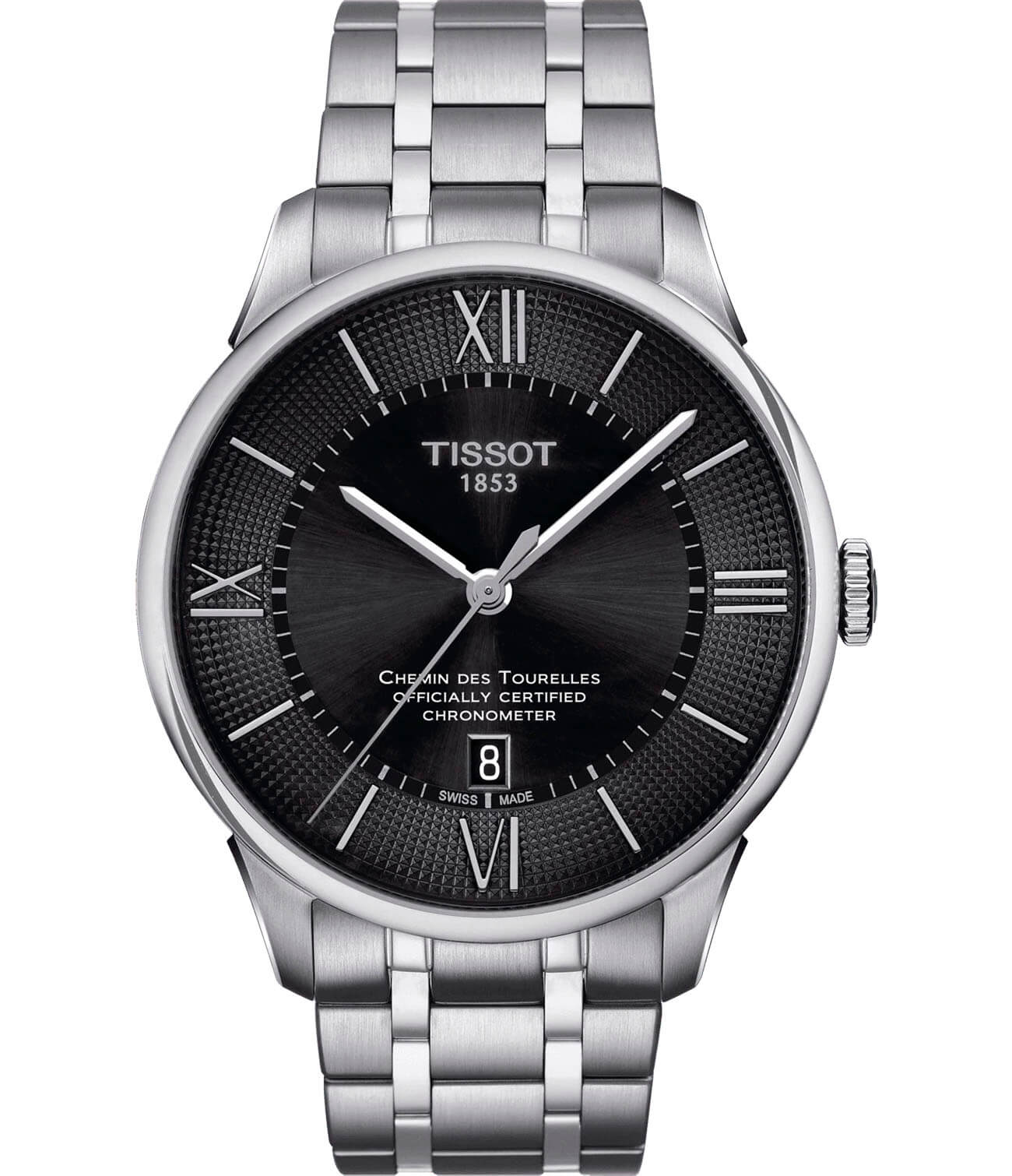 Tissot Tissot Chemin des Tourelles COSC T099.408.11.058.00 Chemin des Tourelles T0994081105800 механические мужские часы черный циферблат, браслет нержавеющая сталь — вид спереди