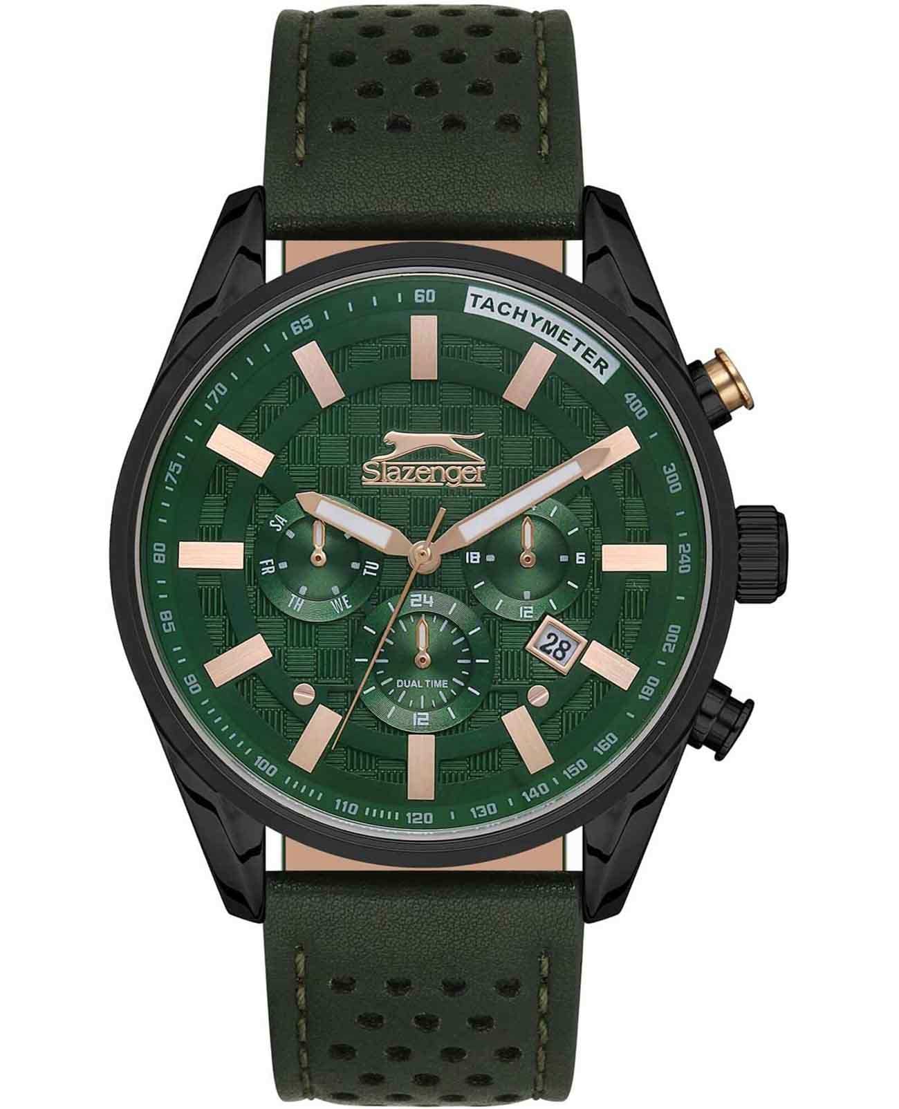 Slazenger Slazenger SL.09.2096.2.04  SL.09.2096.2.04 кварцевые мужские часы зеленый циферблат, браслет кожаный — вид спереди