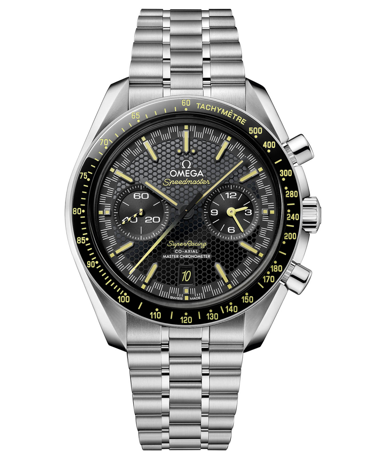 Omega Omega Speedmaster Super Racing 329.30.44.51.01.003  32930445101003 механические мужские часы черный циферблат, браслет нержавеющая сталь — вид спереди