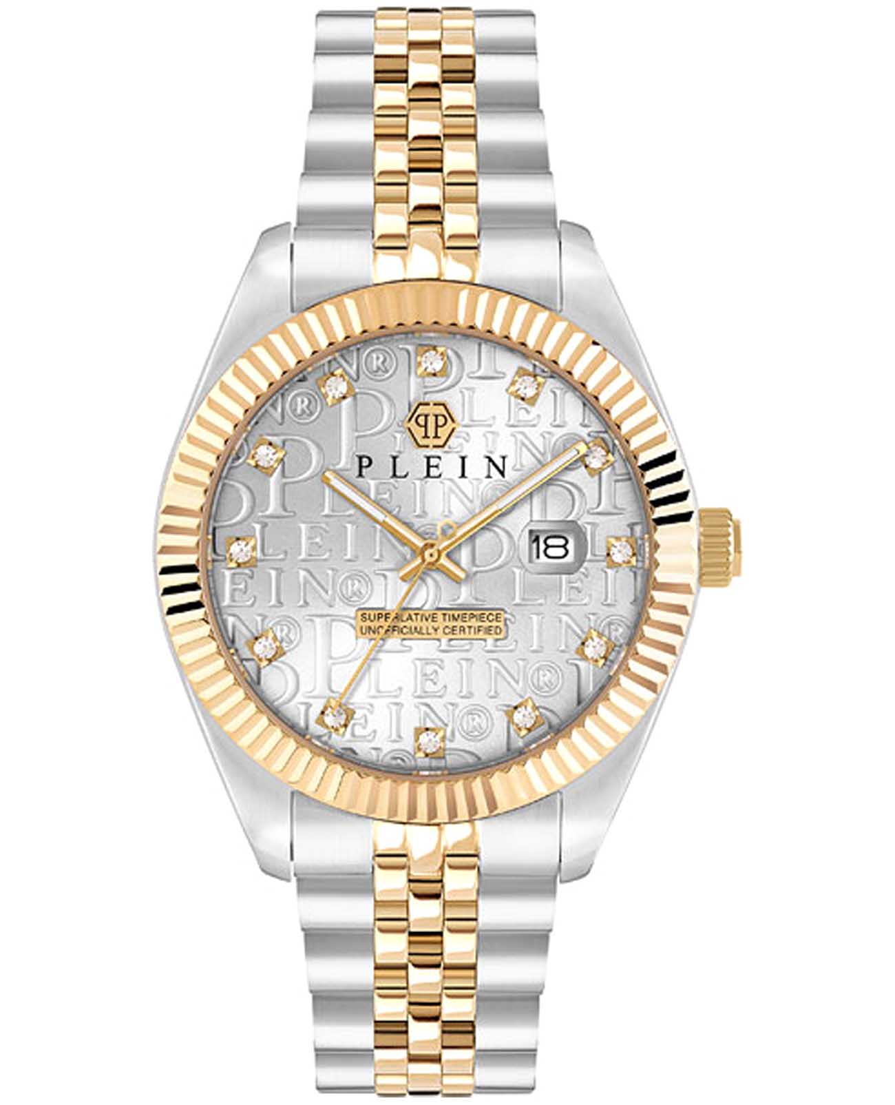 Philipp Plein Philipp Plein Date Superlative Gent PWMFA0425  PWMFA0425 кварцевые мужские часы серебристый циферблат, браслет нержавеющая сталь с pvd-покрытием — вид спереди