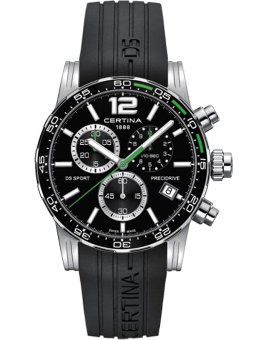 Certina Certina DS Sport Chronograph 1/10 sec C027.417.17.057.01  C0274171705701 кварцевые мужские часы черный циферблат, браслет  — вид спереди