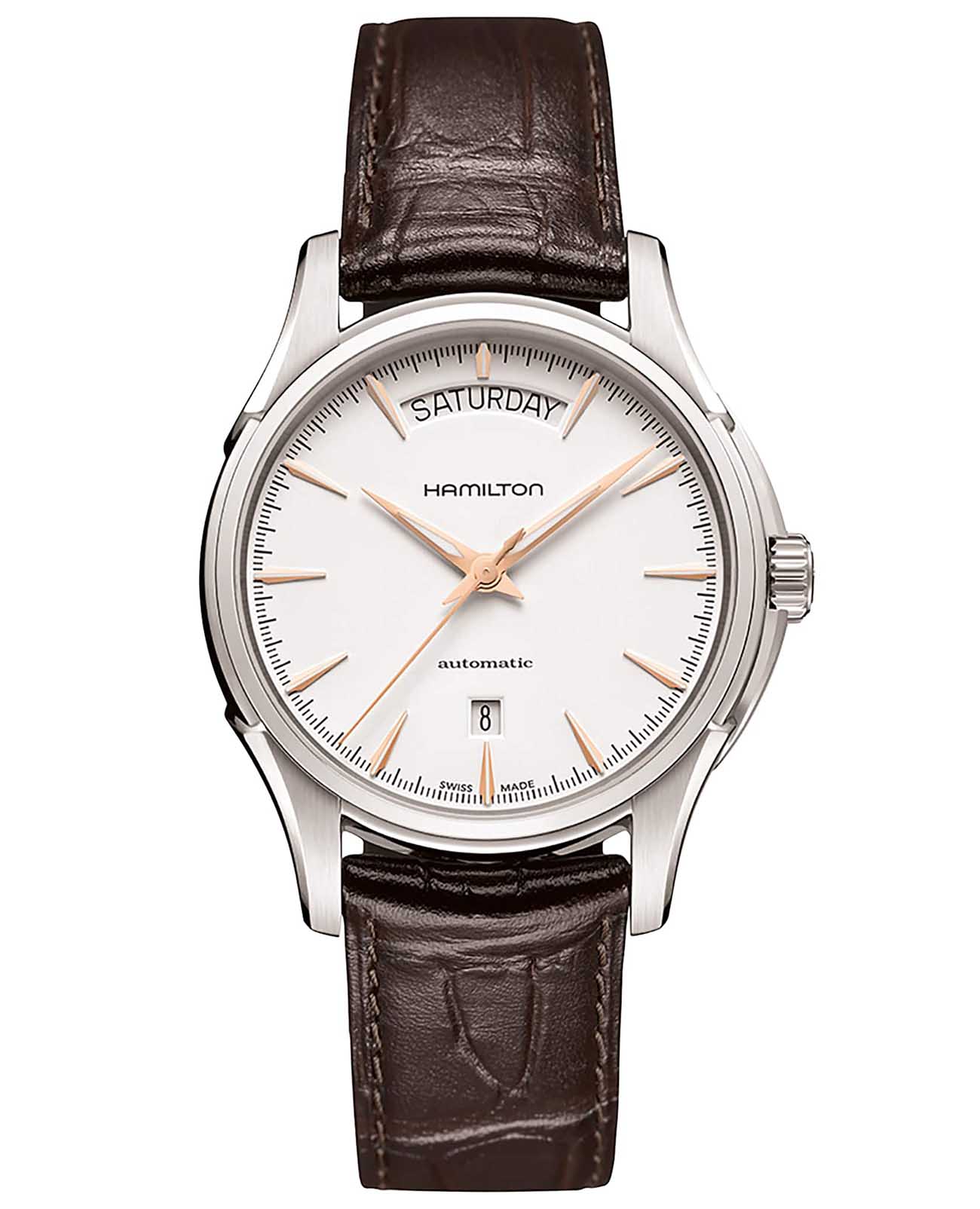 Hamilton Hamilton Jazzmaster Day Date Auto H32505511  H32505511 механические мужские часы белый циферблат, браслет кожаный — вид спереди