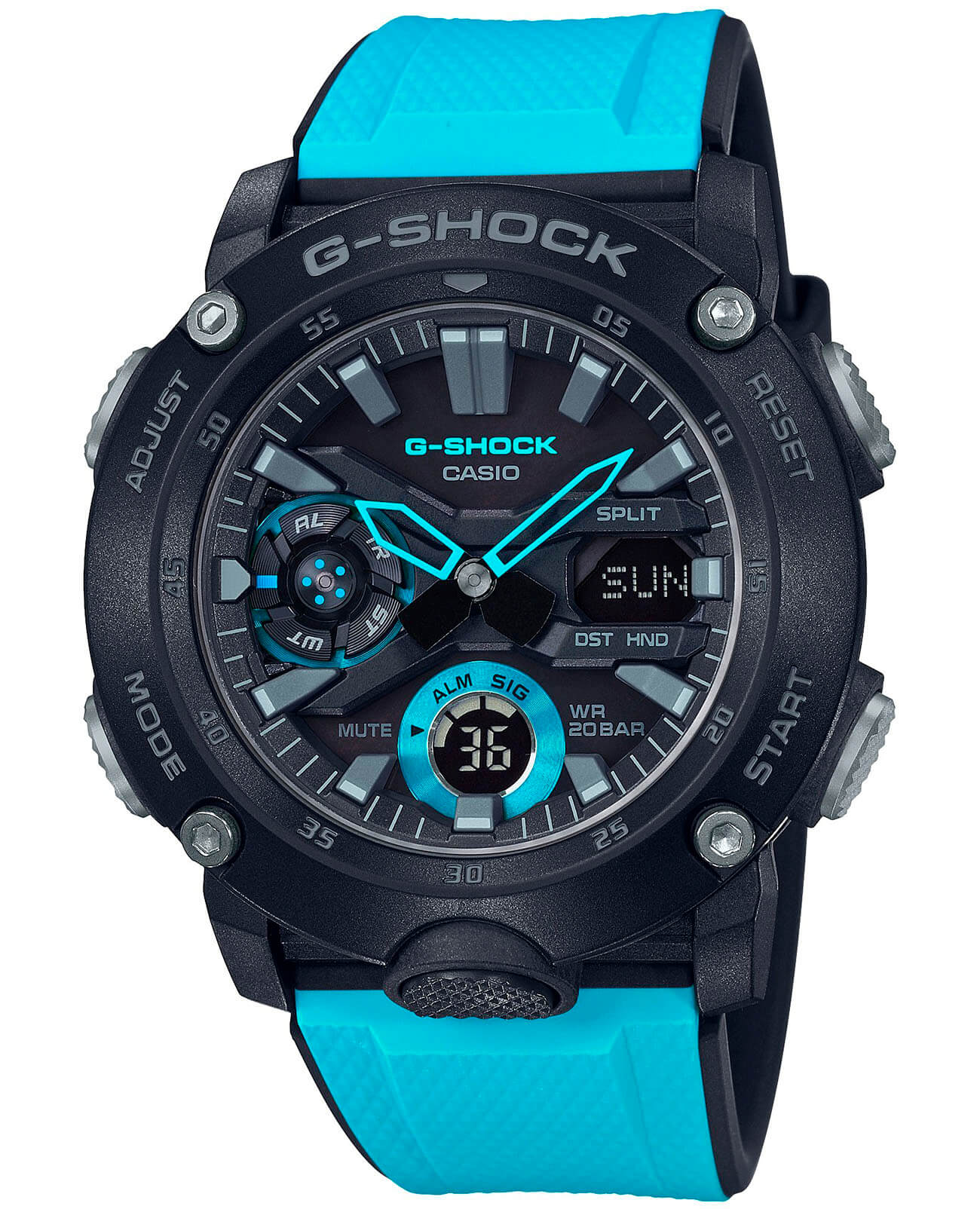 Casio Casio G-Shock GA-2000-1A2DR (GA-2000-1A2) GA-2000 GA-2000-1A2 электронные мужские часы черный циферблат, браслет пластик — вид спереди