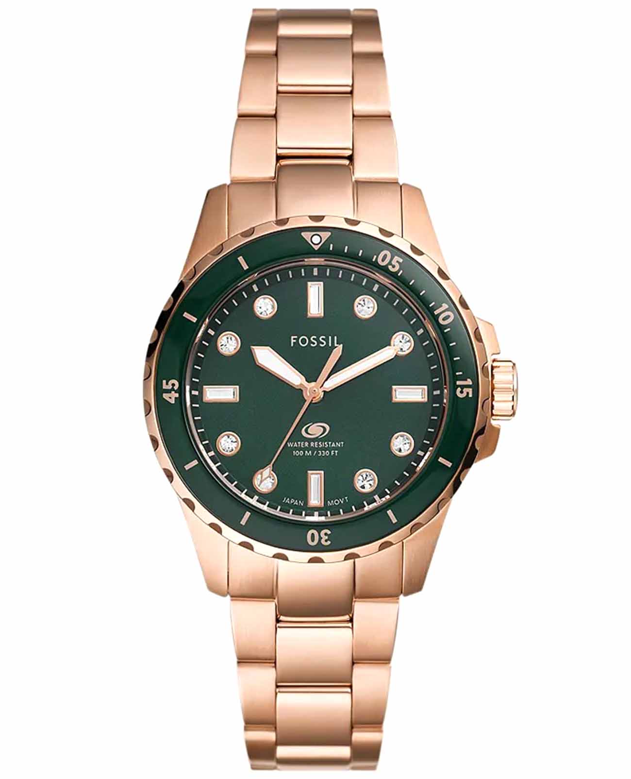 Fossil Fossil Blue Dive ES5371  ES5371 кварцевые женские часы зеленый циферблат, браслет нержавеющая сталь с ip-покрытием — вид спереди