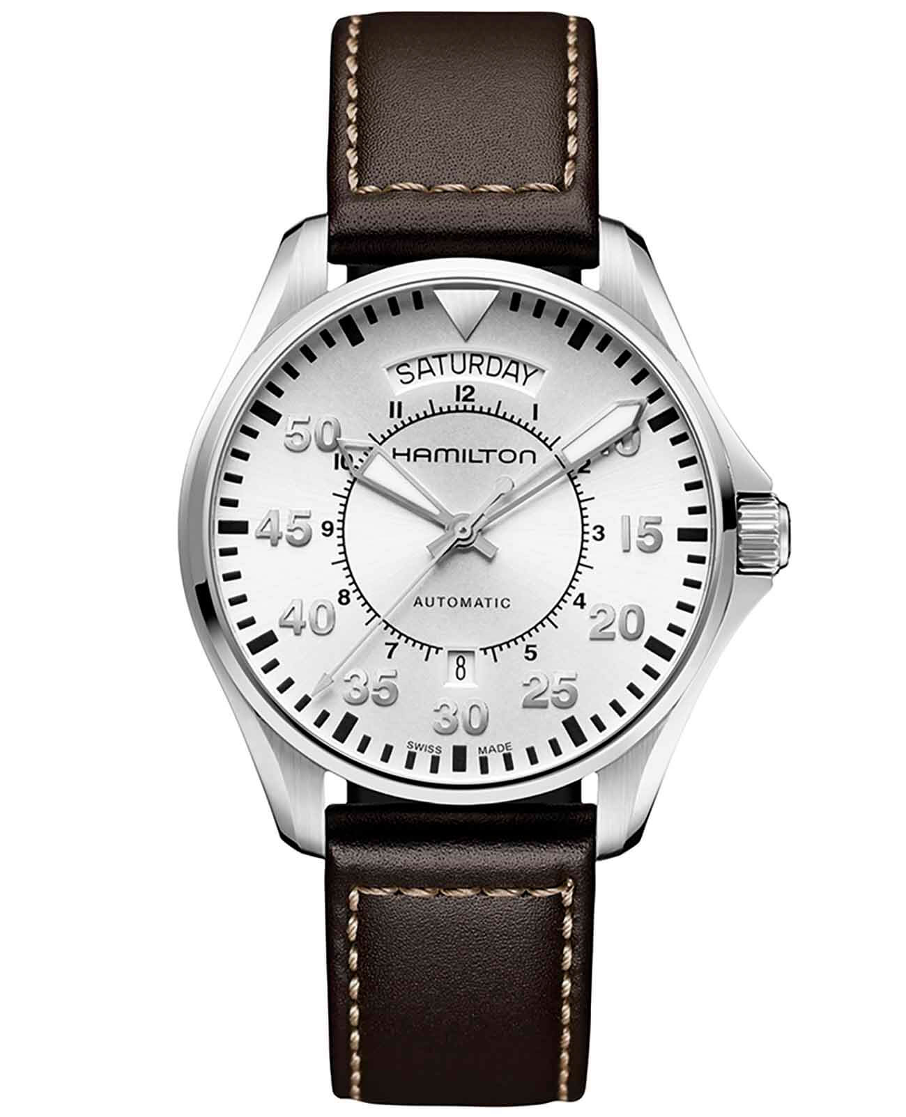Hamilton Hamilton Khaki Aviation Pilot Day Date Auto H64615555  H64615555 механические мужские часы серебристый циферблат, браслет кожаный — вид спереди