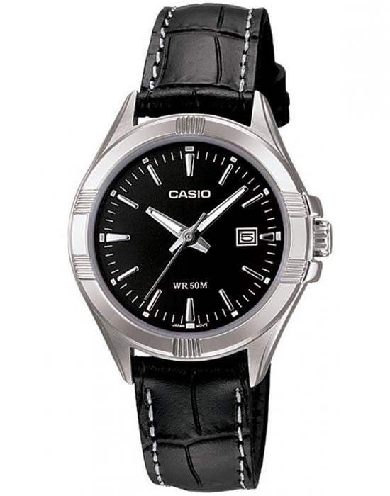 Casio Casio LTP-1308L-1A  LTP-1308L-1A кварцевые женские часы черный циферблат, браслет кожаный — вид спереди