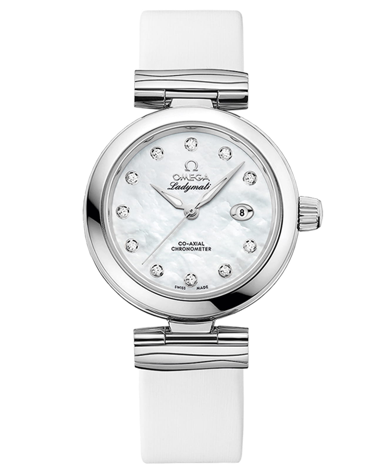 Omega Omega De Ville Ladymatic 425.32.34.20.55.002  Ladymatic 42532342055002 механические женские часы перламутровый циферблат, браслет кожаный — вид спереди