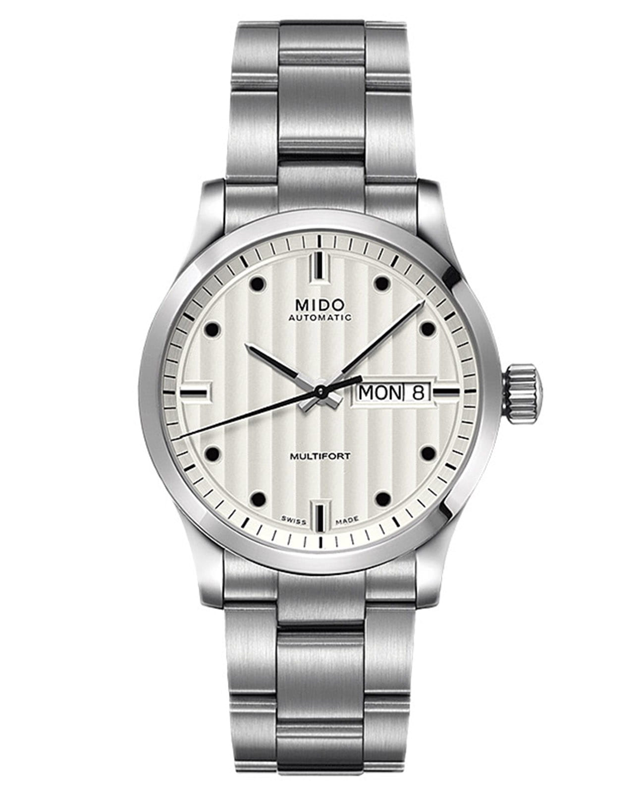 Mido Mido Multifort Gent M005.830.11.031.00  M0058301103100 механические мужские часы белый циферблат, браслет нержавеющая сталь — вид спереди