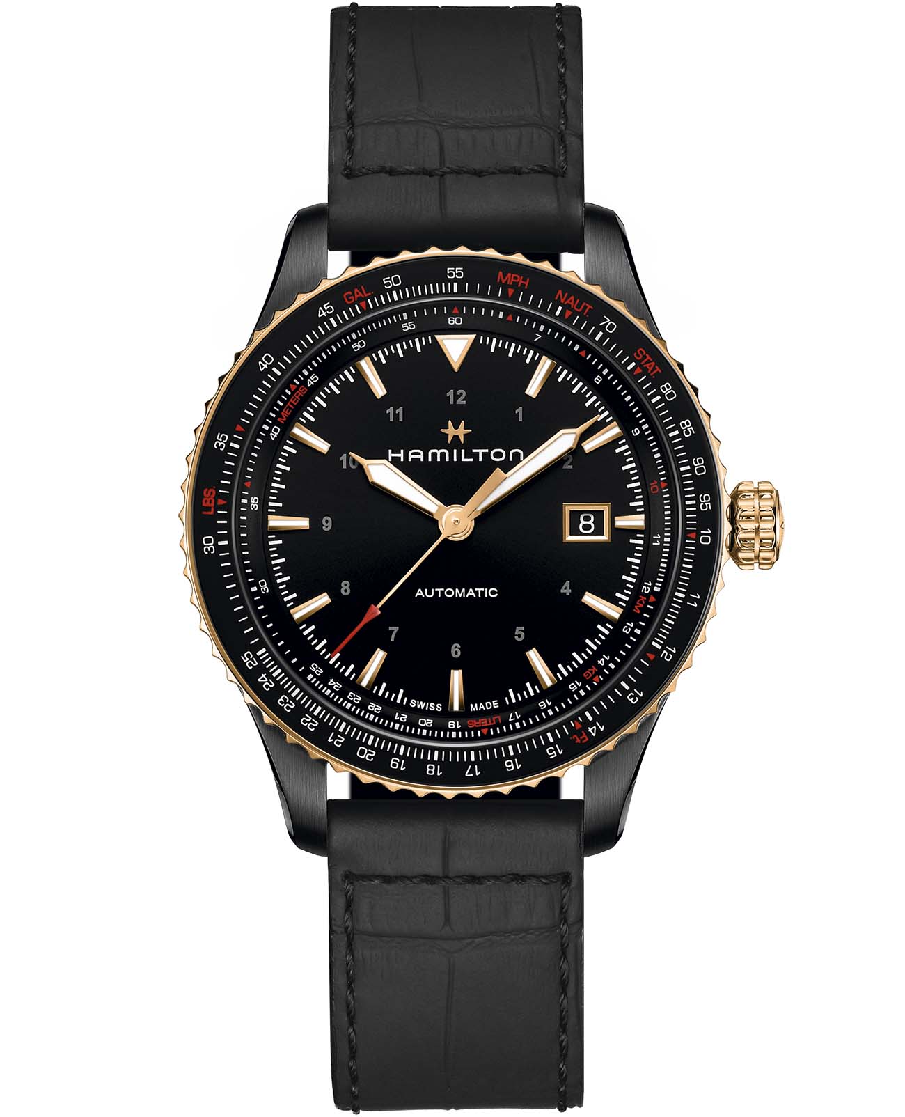 Hamilton Hamilton Khaki Aviation Converter H76635730  H76635730 механические мужские часы черный циферблат, браслет кожаный — вид спереди