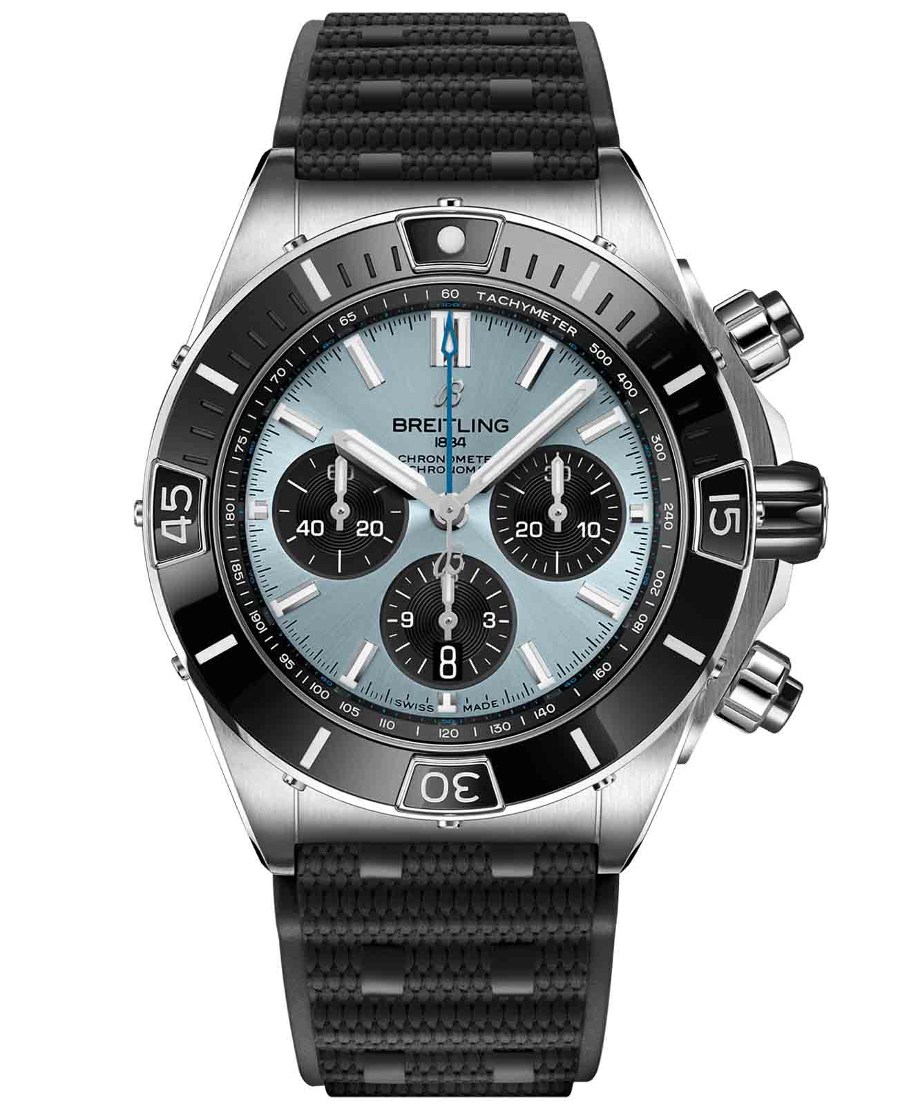 Breitling Breitling Super Chronomat B01 44 PB0136251C1S1  PB0136251C1S1 механические мужские часы голубой циферблат, браслет каучук — вид спереди