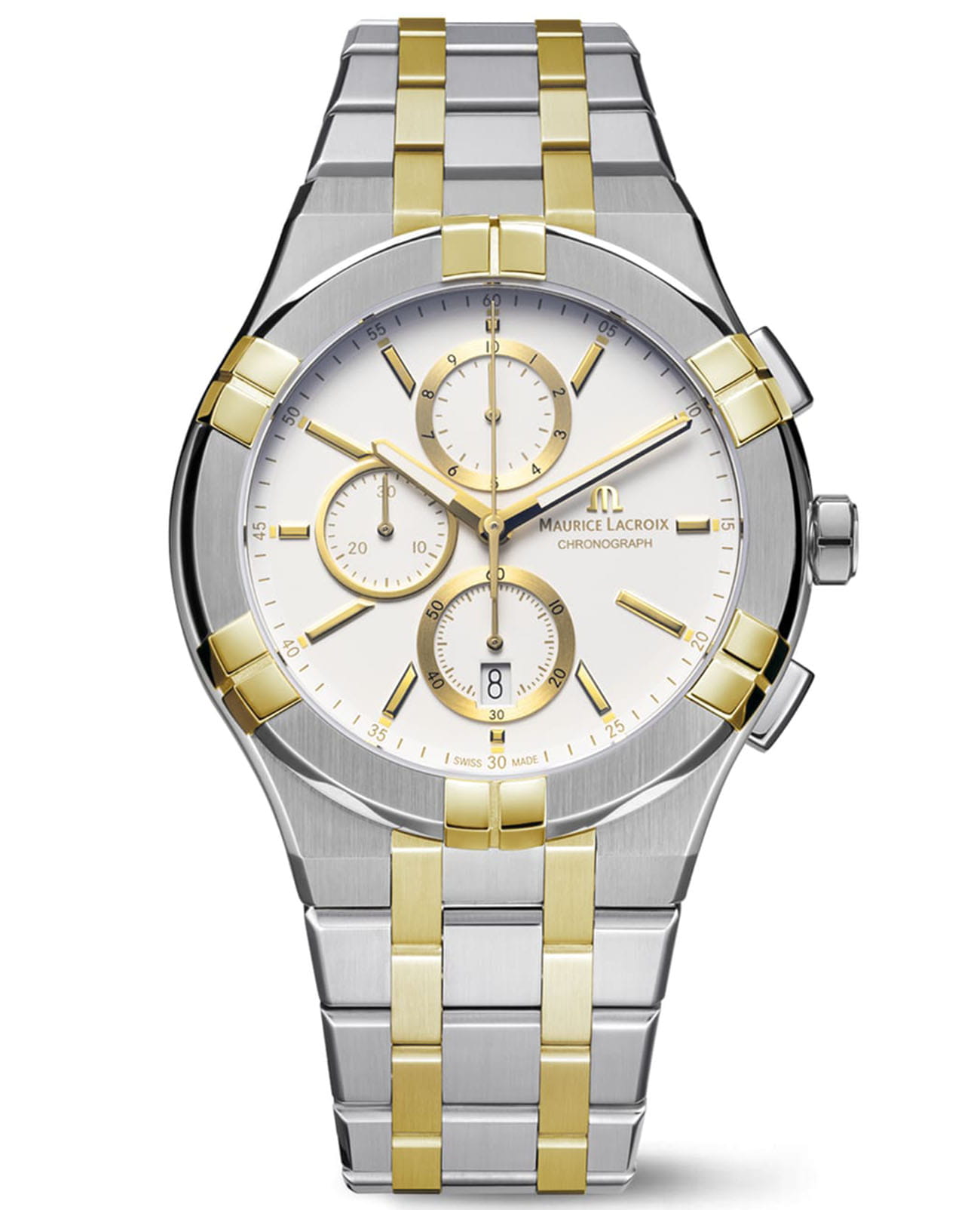 Maurice Lacroix Maurice Lacroix Aikon Quartz Chronograph AI1118-PVY03-130-1  AI1118-PVY03-130-1 кварцевые мужские часы белый циферблат, браслет нержавеющая сталь с pvd-покрытием — вид спереди