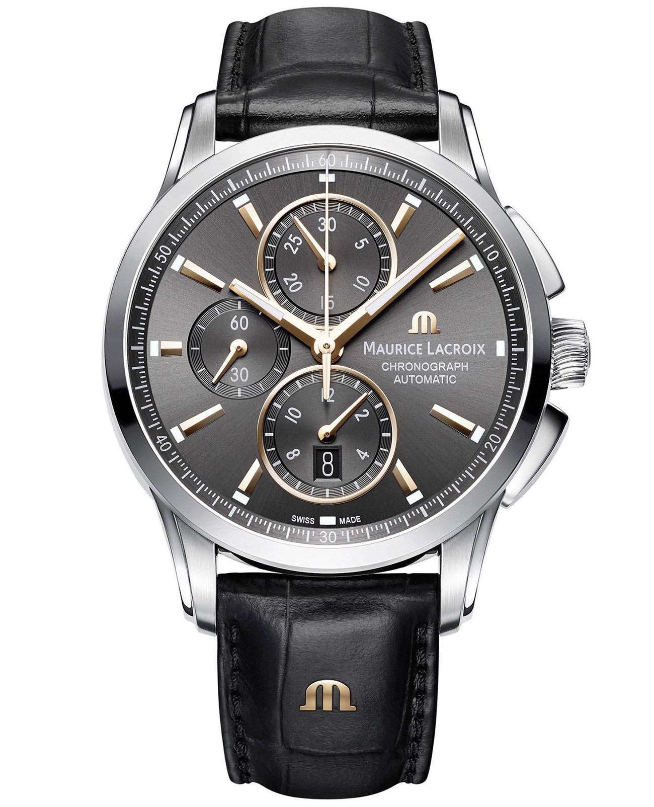 Maurice Lacroix Maurice Lacroix Pontos Chronograph PT6388-SS001-331-1  PT6388-SS001-331-1 механические мужские часы серый циферблат, браслет кожаный — вид спереди