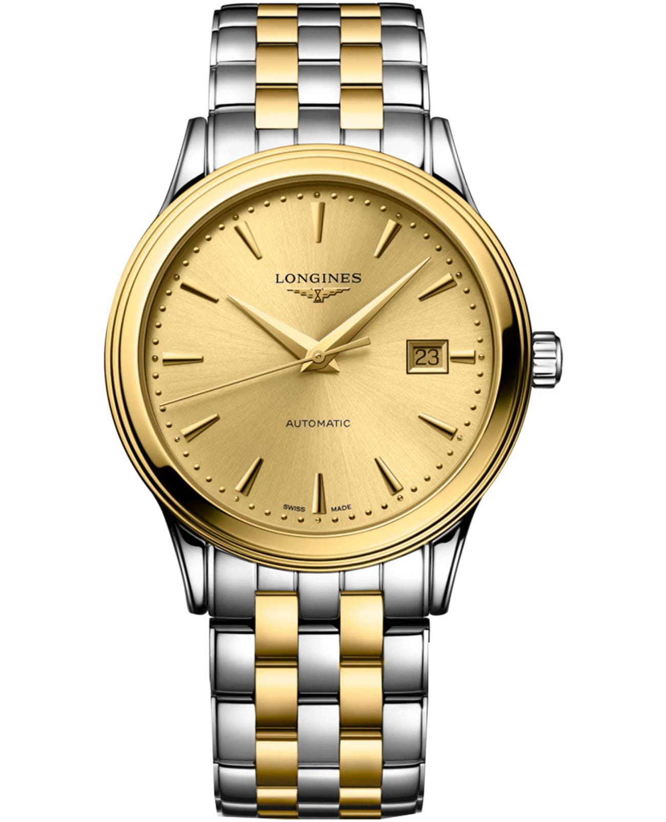 Longines Longines Flagship L4.984.3.30.7  L49843307 механические мужские часы золотой циферблат, браслет сталь c pvd покрытием — вид спереди