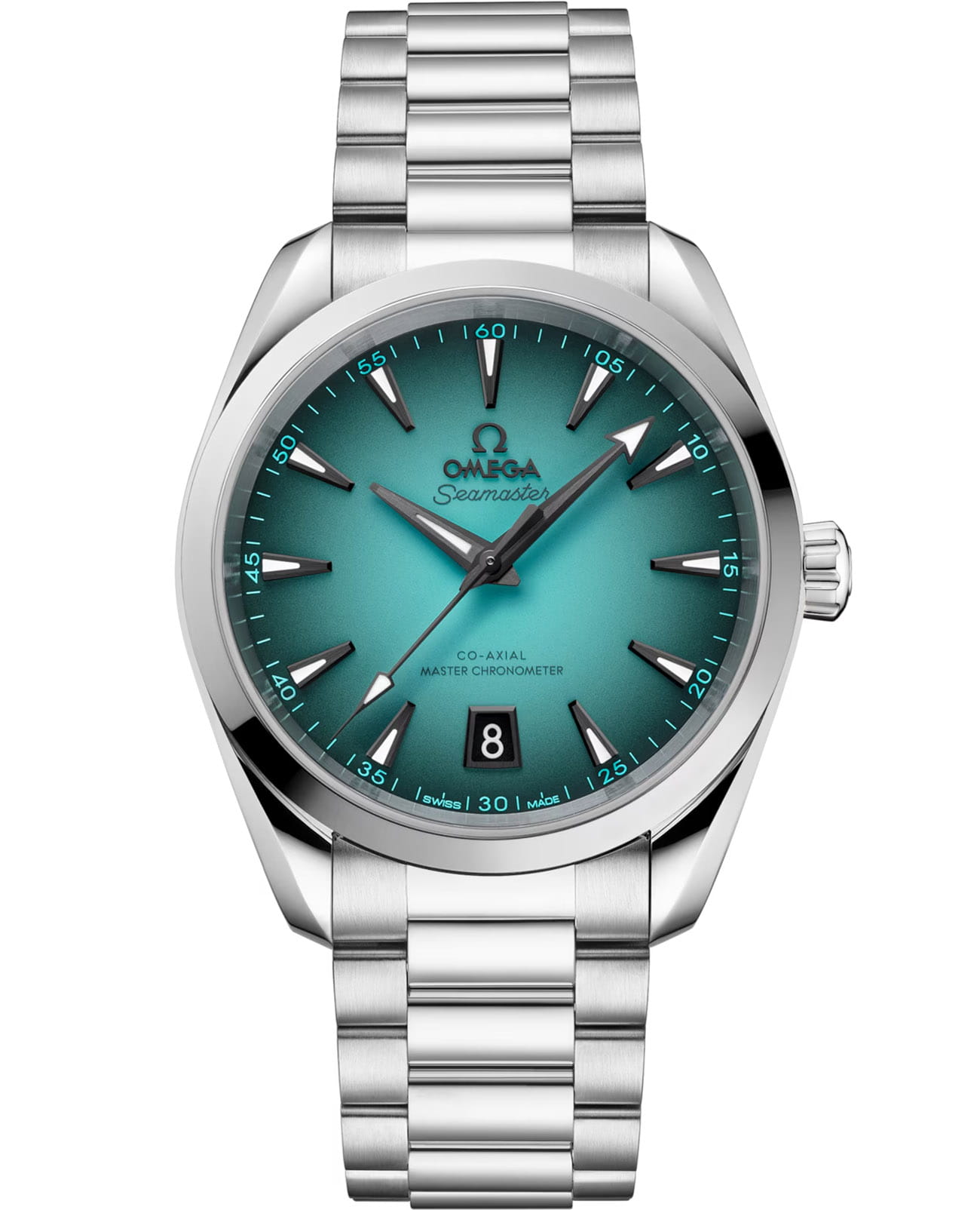 Omega Omega Seamaster Aqua Terra 220.10.38.20.03.005 Aqua Terra 22010382003005 механические мужские часы бирюзовый циферблат, браслет нержавеющая сталь — вид спереди