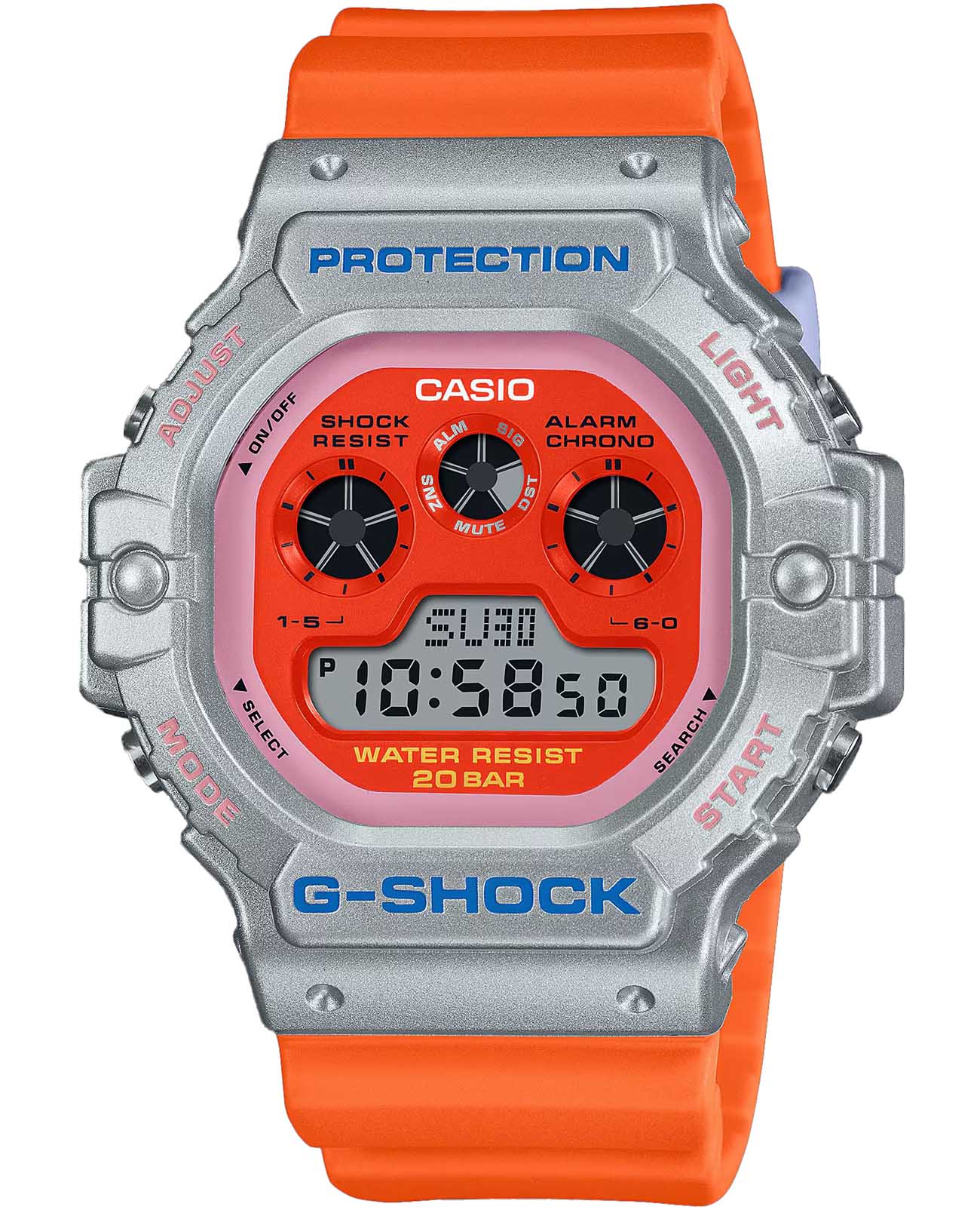 Casio Casio G-Shock DW-5900EU-8A4 (DW-5900EU-8A4)  DW-5900EU-8A4 электронные мужские часы оранжевый циферблат, браслет пластик — вид спереди