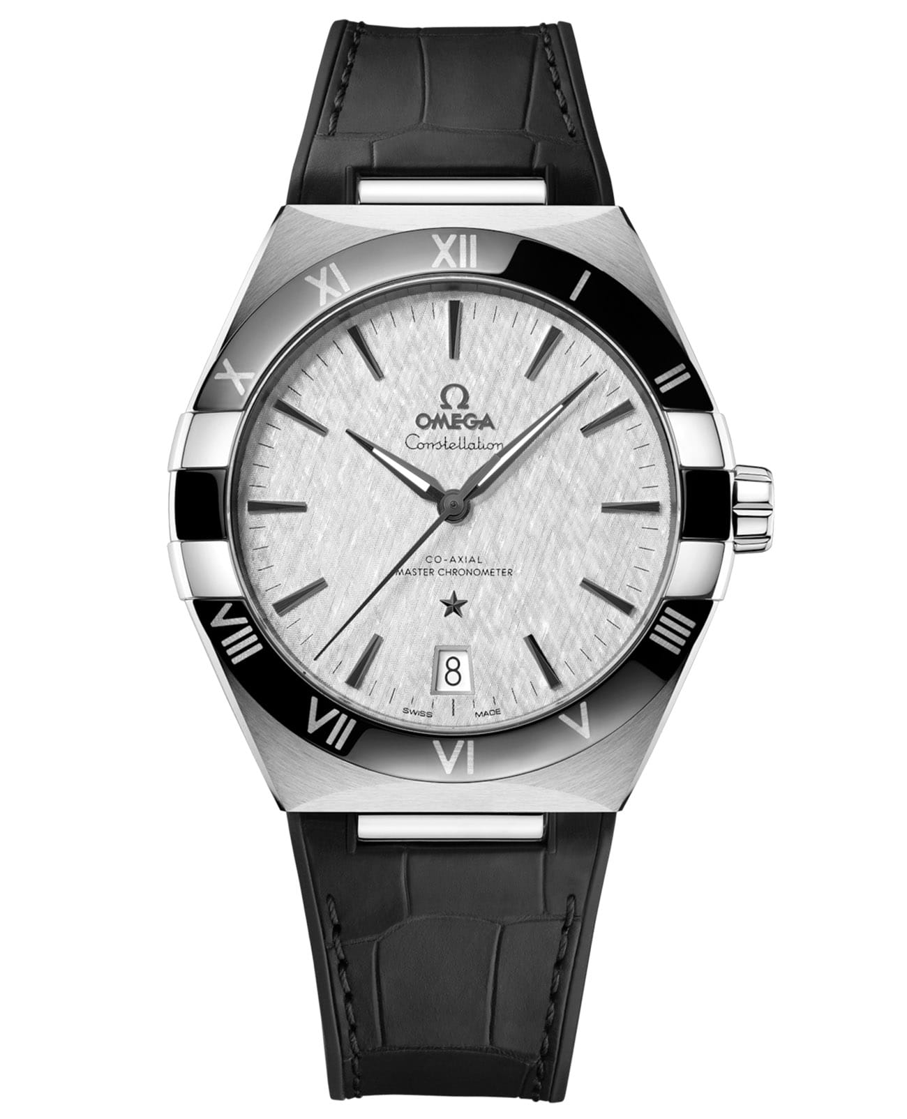 Omega Omega Constellation 131.33.41.21.06.001  13133412106001 механические мужские часы серый циферблат, браслет кожаный — вид спереди