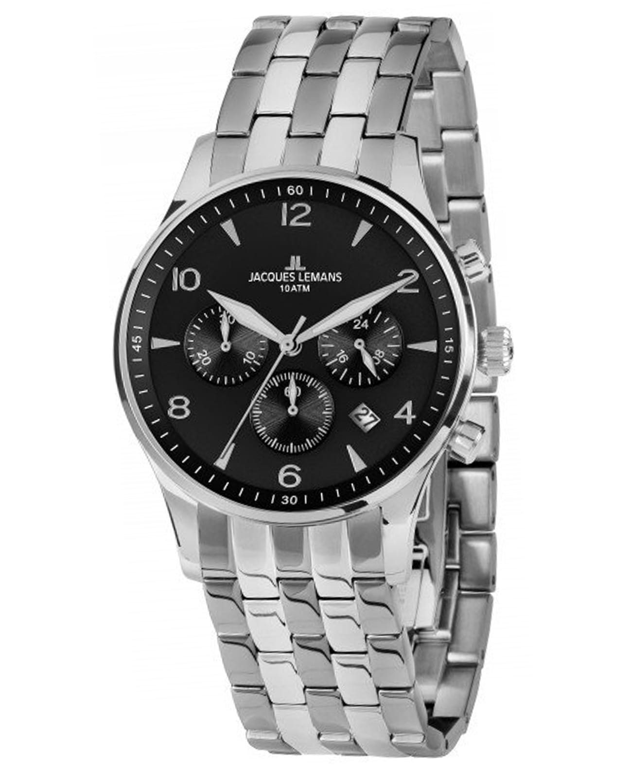 Jacques Lemans Jacques Lemans 1-1654ZE  1-1654ZE кварцевые мужские часы черный циферблат, браслет нержавеющая сталь — вид спереди