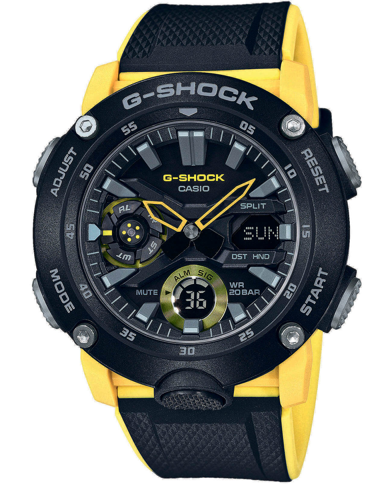 Casio Casio G-Shock GA-2000-1A9DR (GA-2000-1A9) GA-2000 GA-2000-1A9 электронные мужские часы черный циферблат, браслет пластик — вид спереди