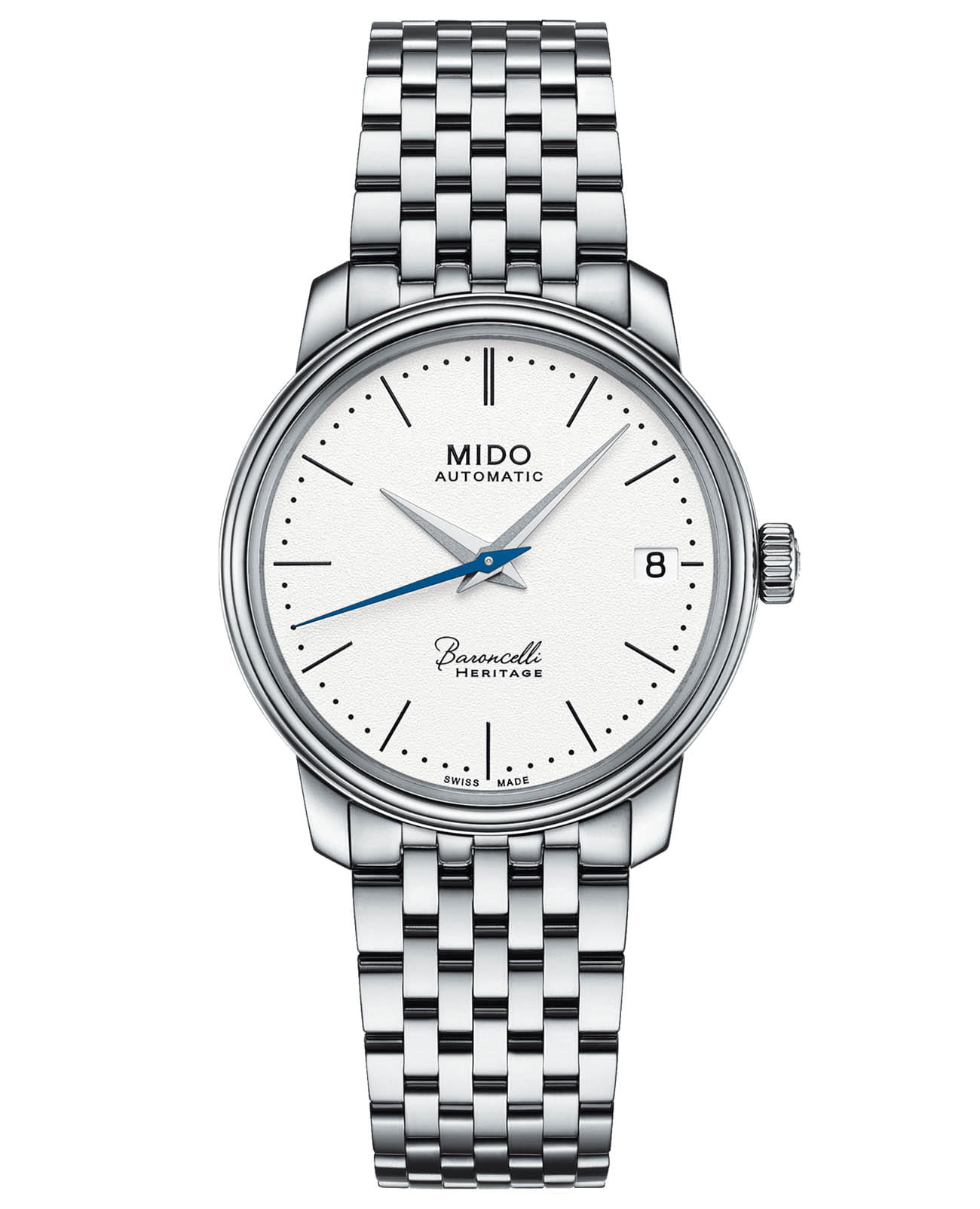 Mido Mido Baroncelli Heritage Lady M027.207.11.010.00  M0272071101000 механические женские часы белый циферблат, браслет нержавеющая сталь — вид спереди
