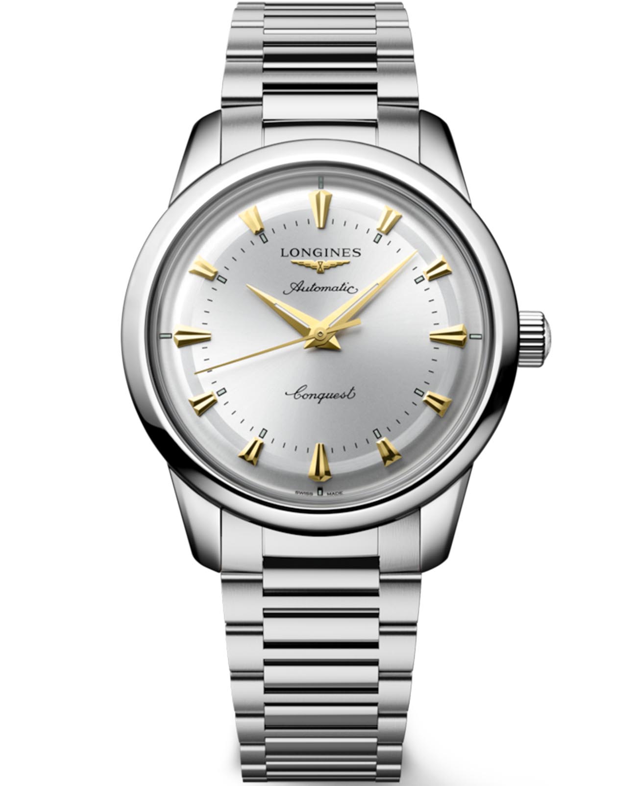 Longines Longines Conquest Heritage L1.650.4.72.6  L16504726 механические мужские часы серебристый циферблат, браслет нержавеющая сталь 316l — вид спереди