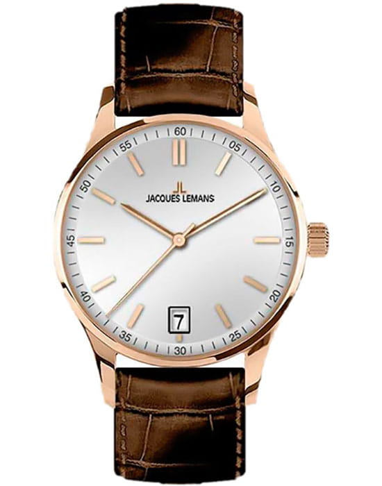 Jacques Lemans Jacques Lemans 1-2026E  1-2026E кварцевые мужские часы белый циферблат, браслет кожаный — вид спереди