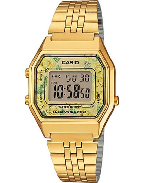 Casio Casio Collection LA680WEGA-9C Retro LA680WEGA-9C кварцевые женские часы золотой циферблат, браслет нержавеющая сталь — вид спереди