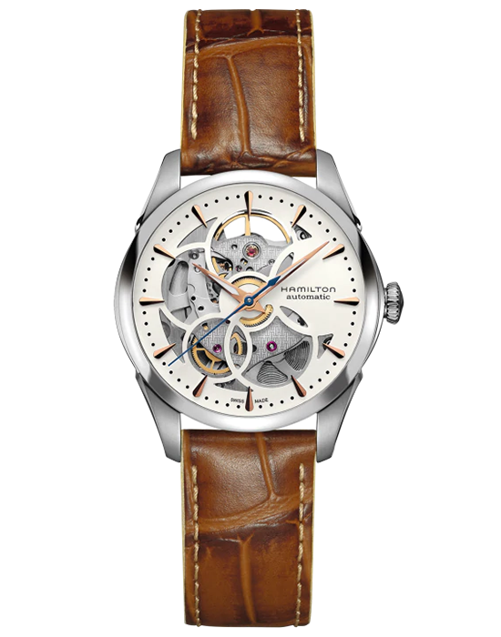 Hamilton Hamilton Jazzmaster Skeleton Lady Auto H32405551  H32405551 механические женские часы белый циферблат, браслет кожаный — вид спереди