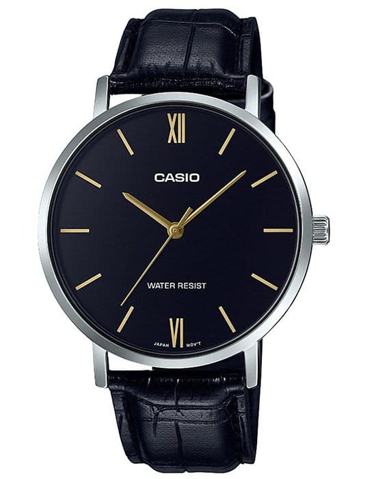 Casio Casio Collection MTP-VT01L-1BUDF (MTP-VT01L-1B)  MTP-VT01L-1B кварцевые мужские часы черный циферблат, браслет кожаный — вид спереди