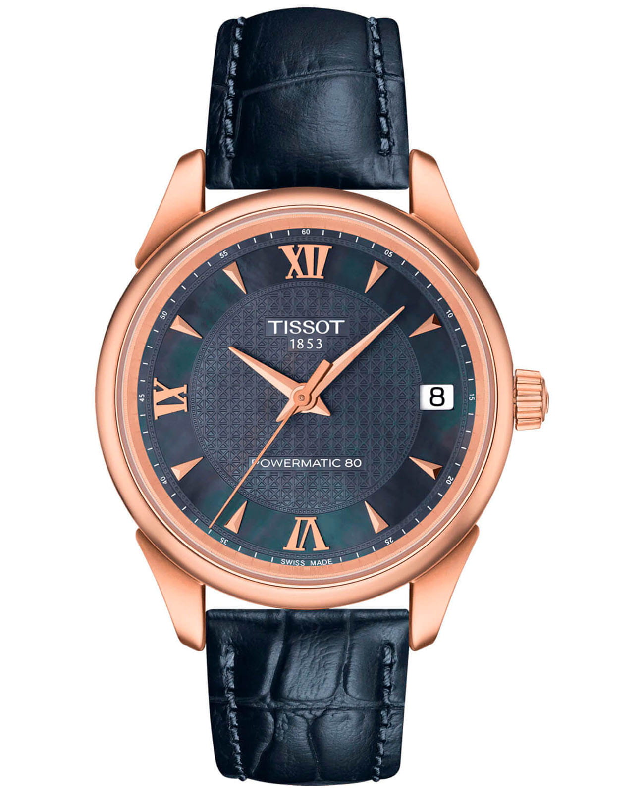 Tissot Tissot Vintage Powermatic 80 Lady 18K Gold T920.207.76.128.00  T9202077612800 механические женские часы синий циферблат, браслет кожаный — вид спереди