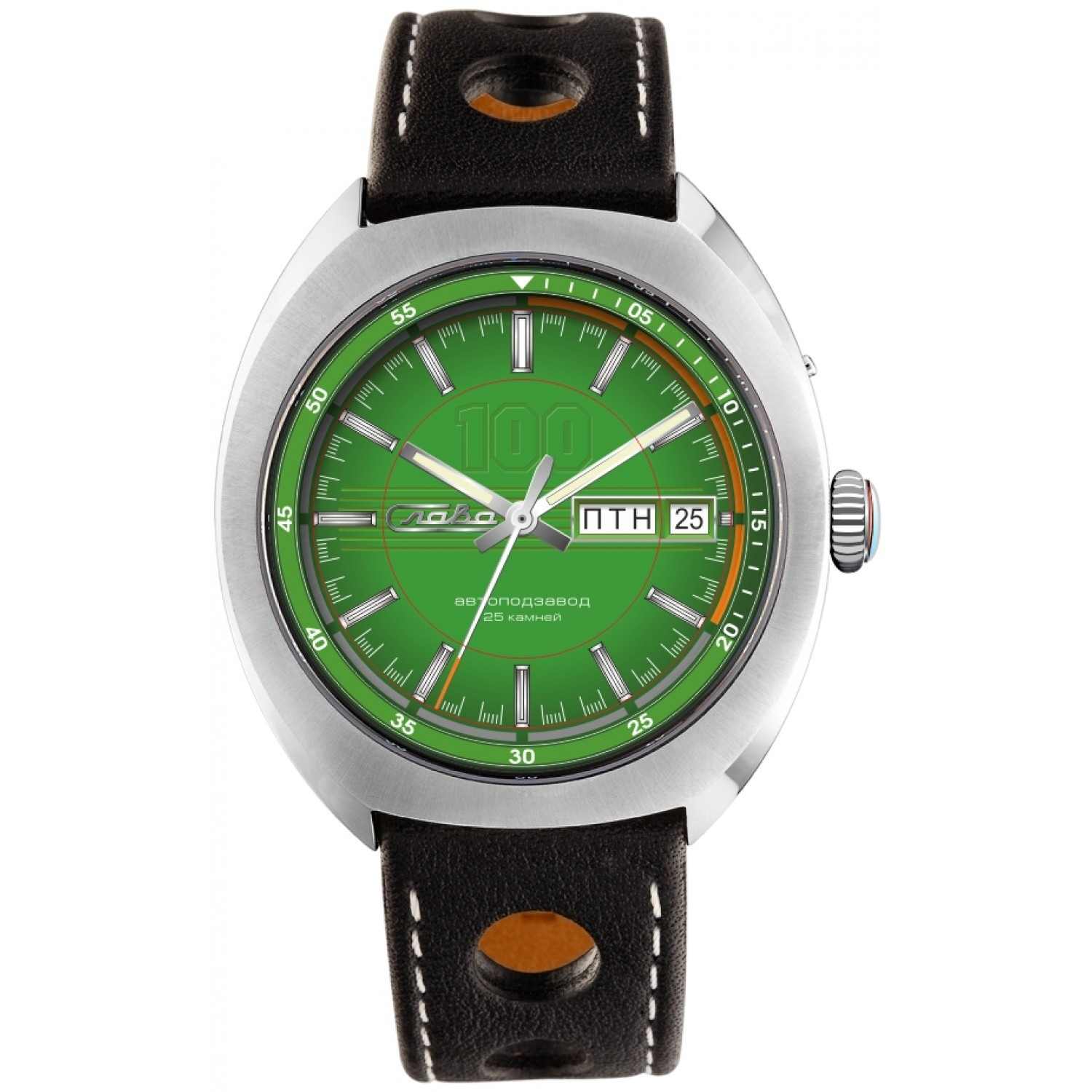 Слава Слава Мир 9010576/300-2427  9010576/300-2427 механические мужские часы зеленый циферблат, браслет кожаный — вид спереди