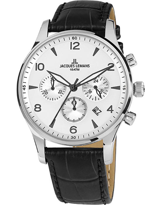 Jacques Lemans Jacques Lemans 1-1654ZB  1-1654ZB кварцевые мужские часы белый циферблат, браслет кожаный — вид спереди